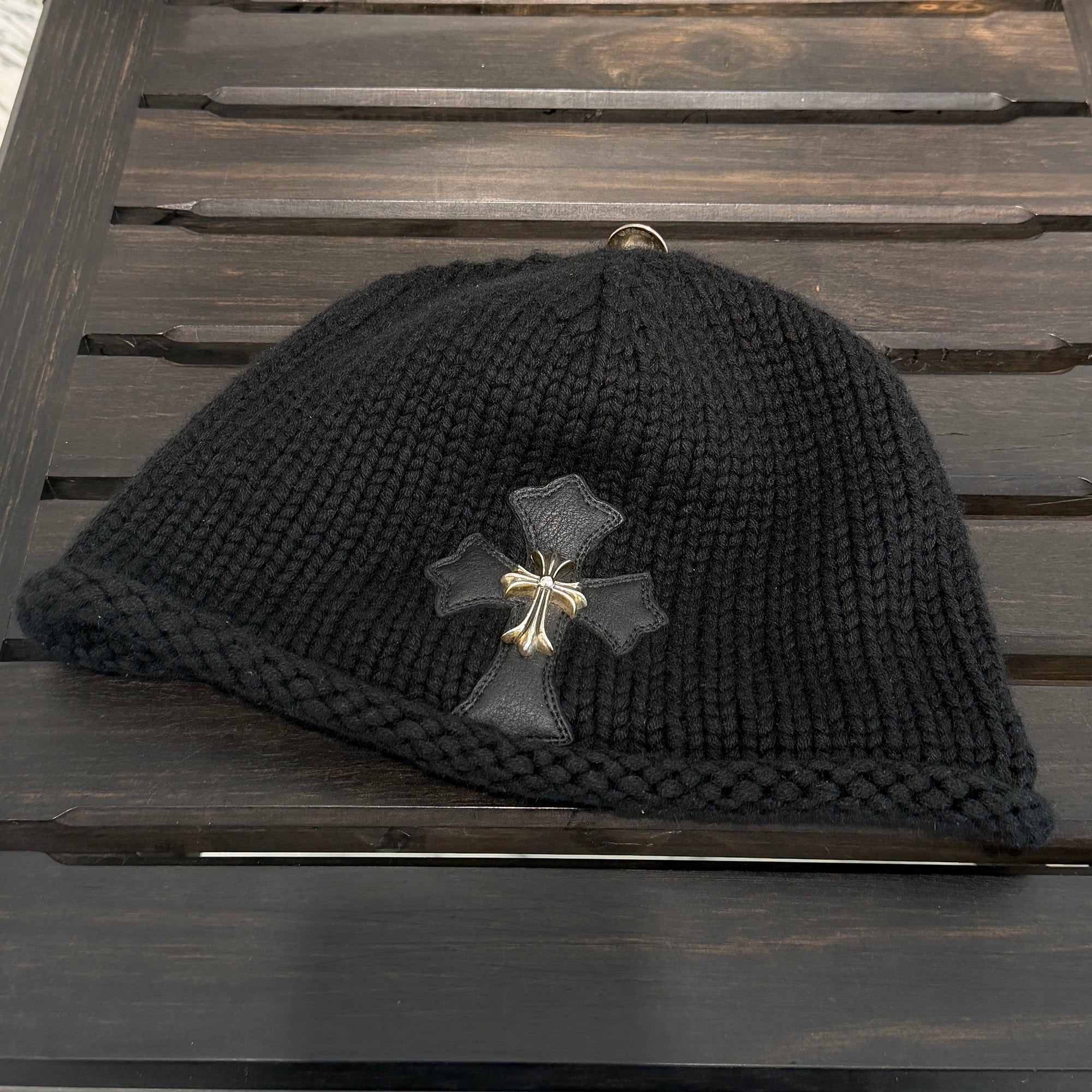 CHROME HEARTS Cashmere Small CH Cross Leather 1 Cross Patch Beanie Size ONE SIZE (53-60) クロムハーツ カシミヤ スモール CHクロス レザー 1クロスパッチ ビーニー サイズONE SIZE(53-60)