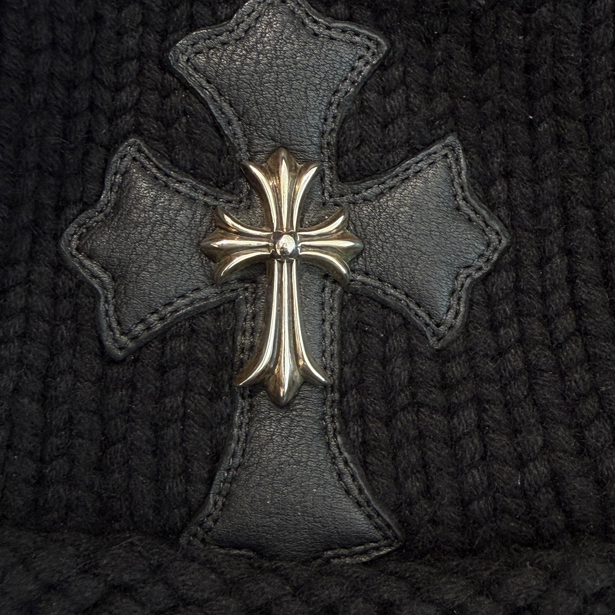 CHROME HEARTS Cashmere Small CH Cross Leather 1 Cross Patch Beanie Size ONE SIZE (53-60) クロムハーツ カシミヤ スモール CHクロス レザー 1クロスパッチ ビーニー サイズONE SIZE(53-60)