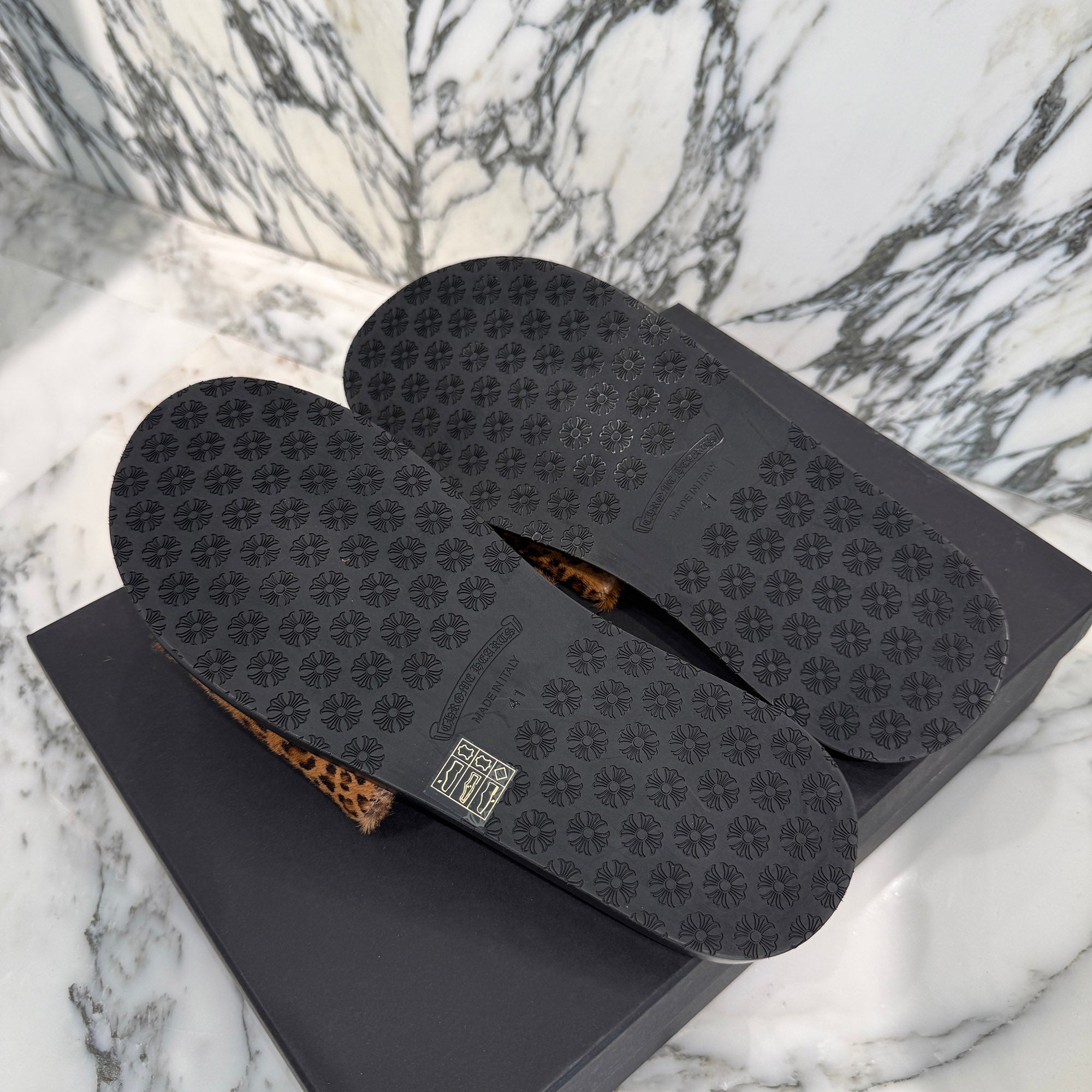 CHROME HEARTS Leather Cross Patch Harako Leather Flat Sandals Size 41(約26cm) クロムハーツ レザークロスパッチ ハラコレザーフラットサンダル サイズ41(約26cm)