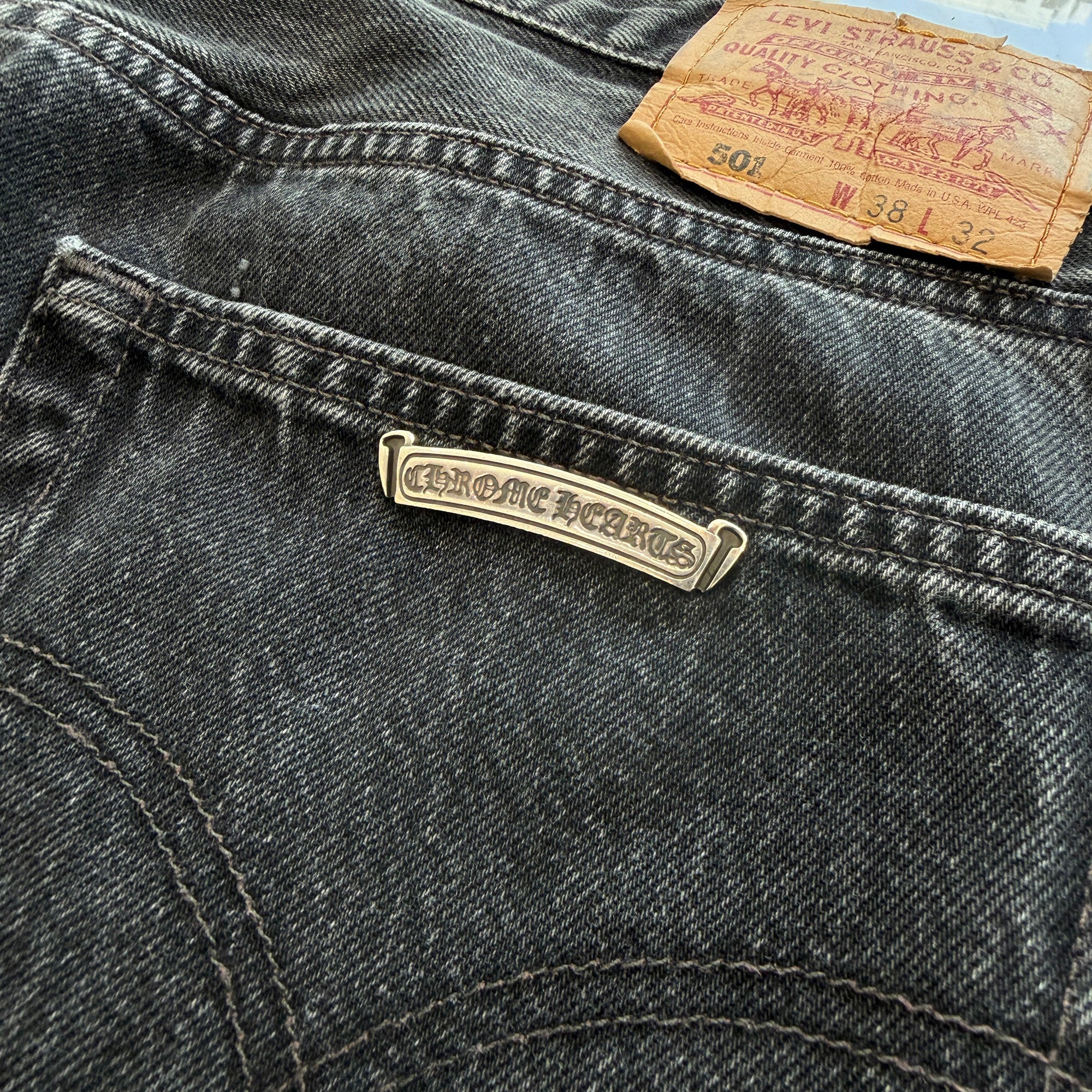 CHROME HEARTS × Levi's 501 VNTG Leather Cross Patch Denim Pants Size 36 クロムハーツ × リーバイス 501 ヴィンテージ レザークロスパッチ デニムパンツ サイズ36