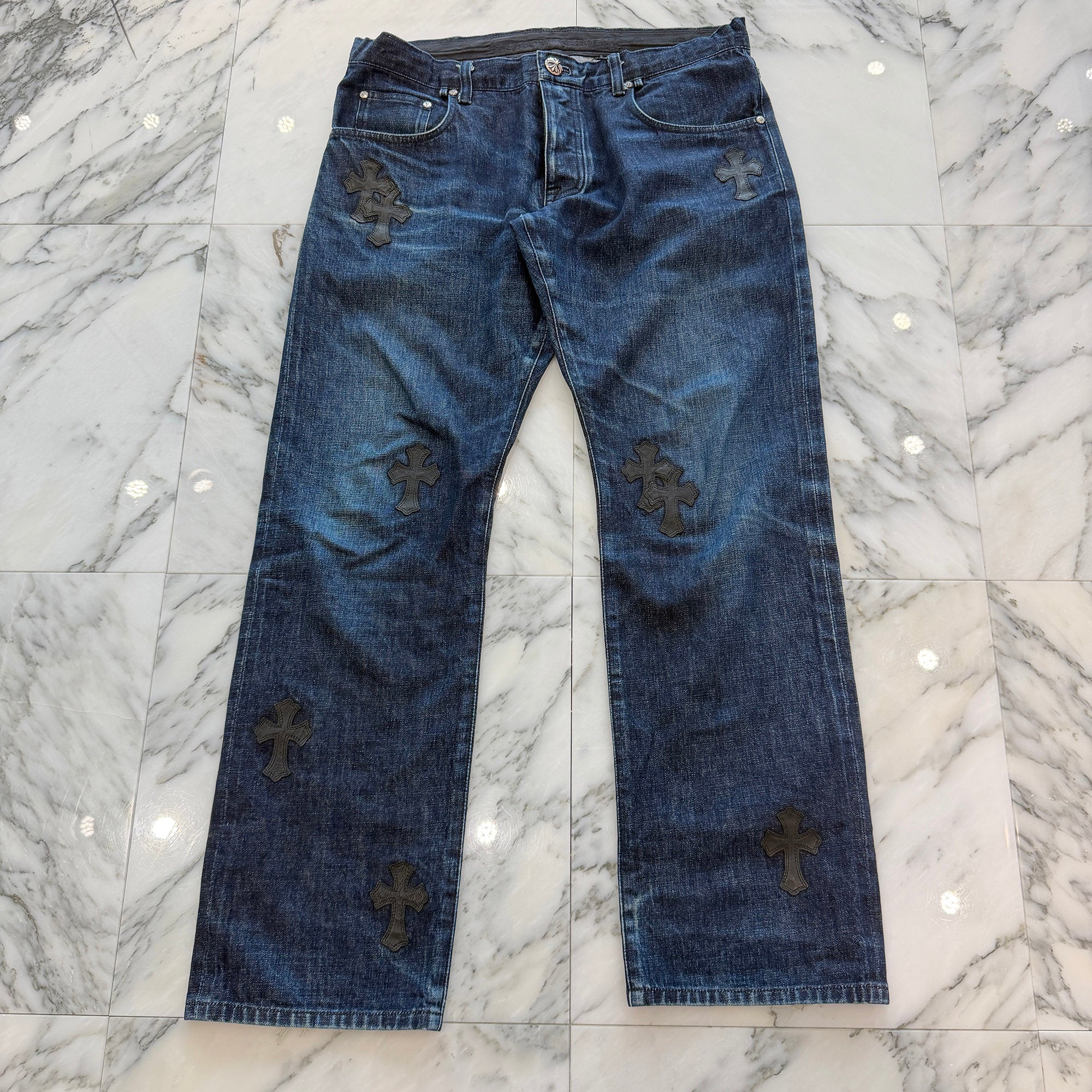 CHROME HEARTS Leather Cross Patch Cross Ball Button Denim Pants Size 36 クロムハーツ レザークロスパッチ クロスボールボタン デニムパンツ サイズ36