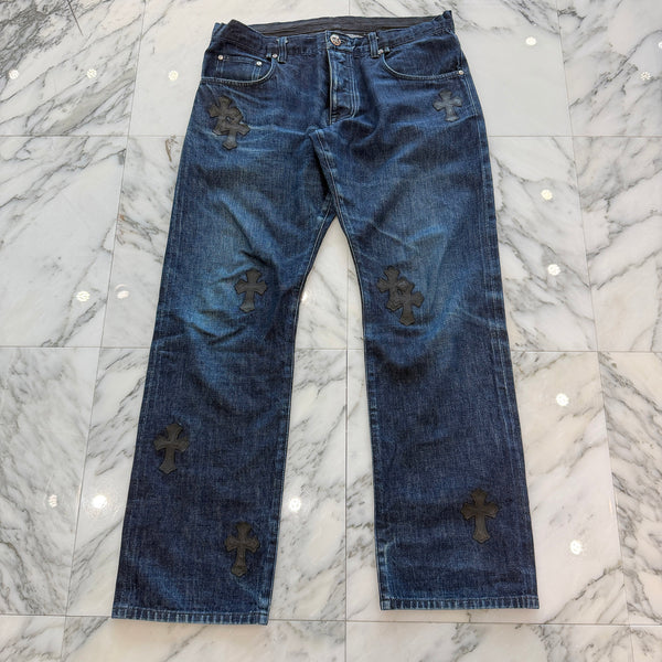 CHROME HEARTS Leather Cross Patch Cross Ball Button Denim Pants Size 36 クロムハーツ レザークロスパッチ クロスボールボタン デニムパンツ サイズ36