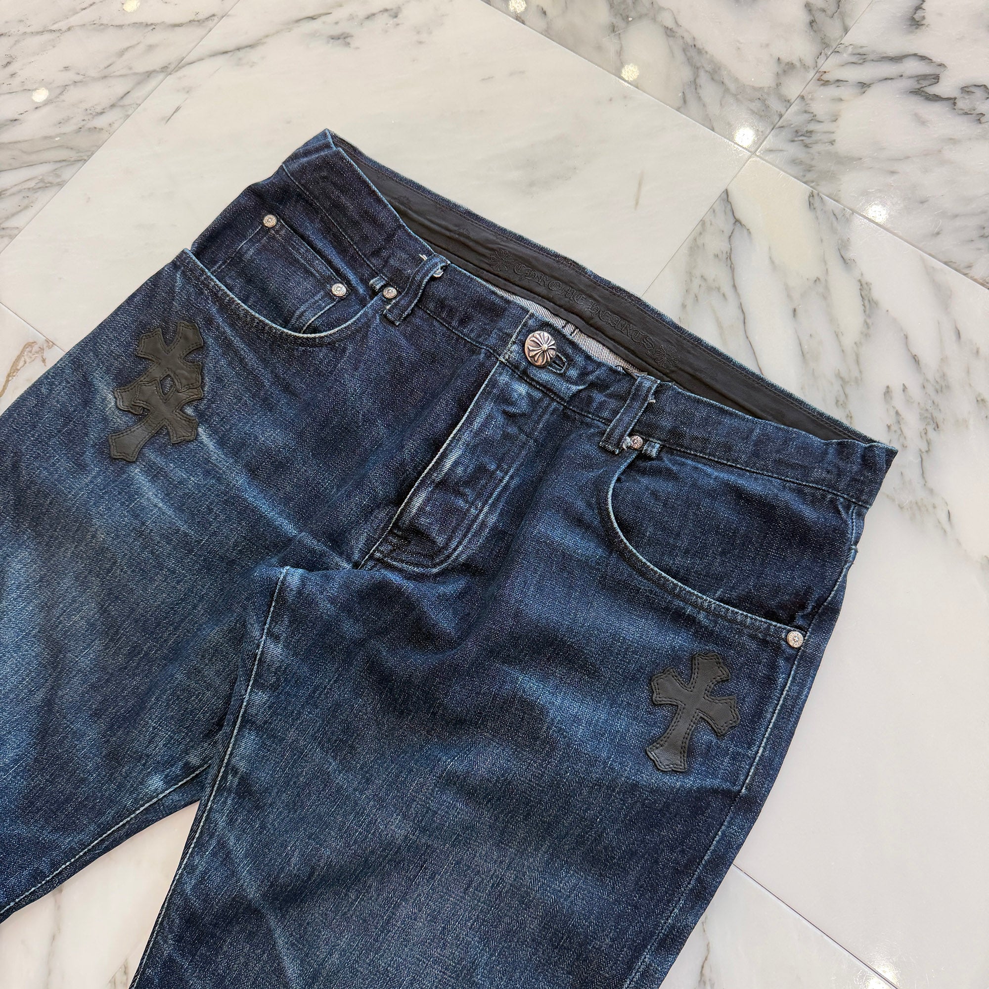 CHROME HEARTS Leather Cross Patch Cross Ball Button Denim Pants Size 36 クロムハーツ レザークロスパッチ クロスボールボタン デニムパンツ サイズ36