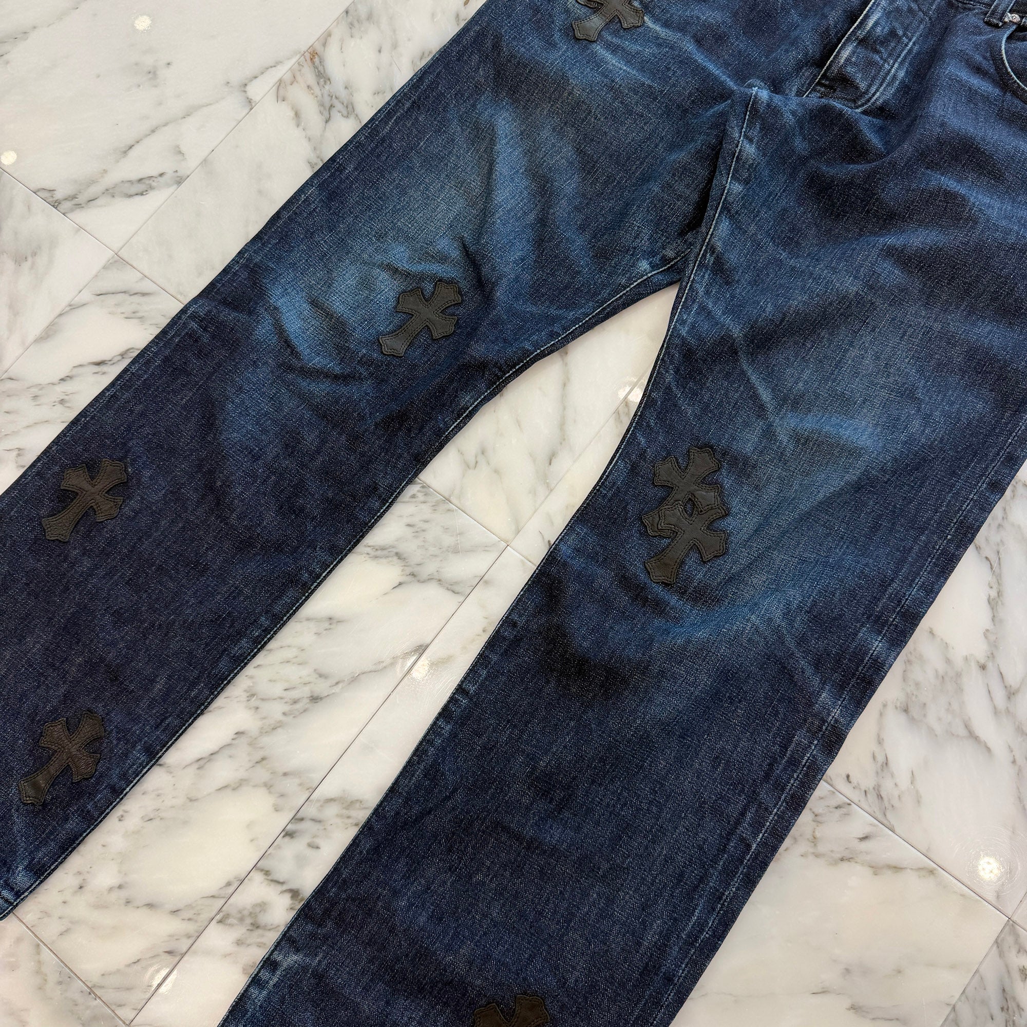 CHROME HEARTS Leather Cross Patch Cross Ball Button Denim Pants Size 36 クロムハーツ レザークロスパッチ クロスボールボタン デニムパンツ サイズ36