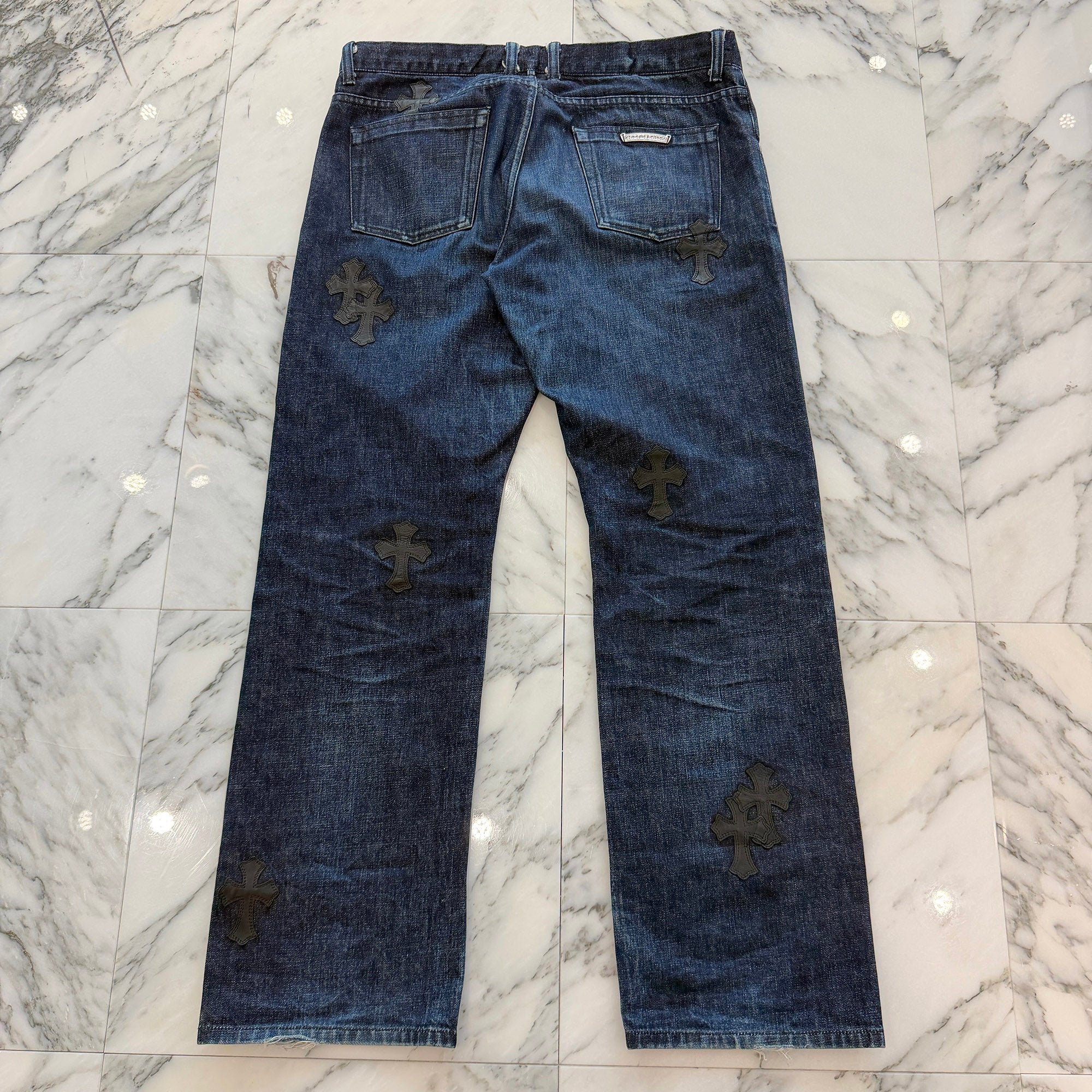 CHROME HEARTS Leather Cross Patch Cross Ball Button Denim Pants Size 36 クロムハーツ レザークロスパッチ クロスボールボタン デニムパンツ サイズ36