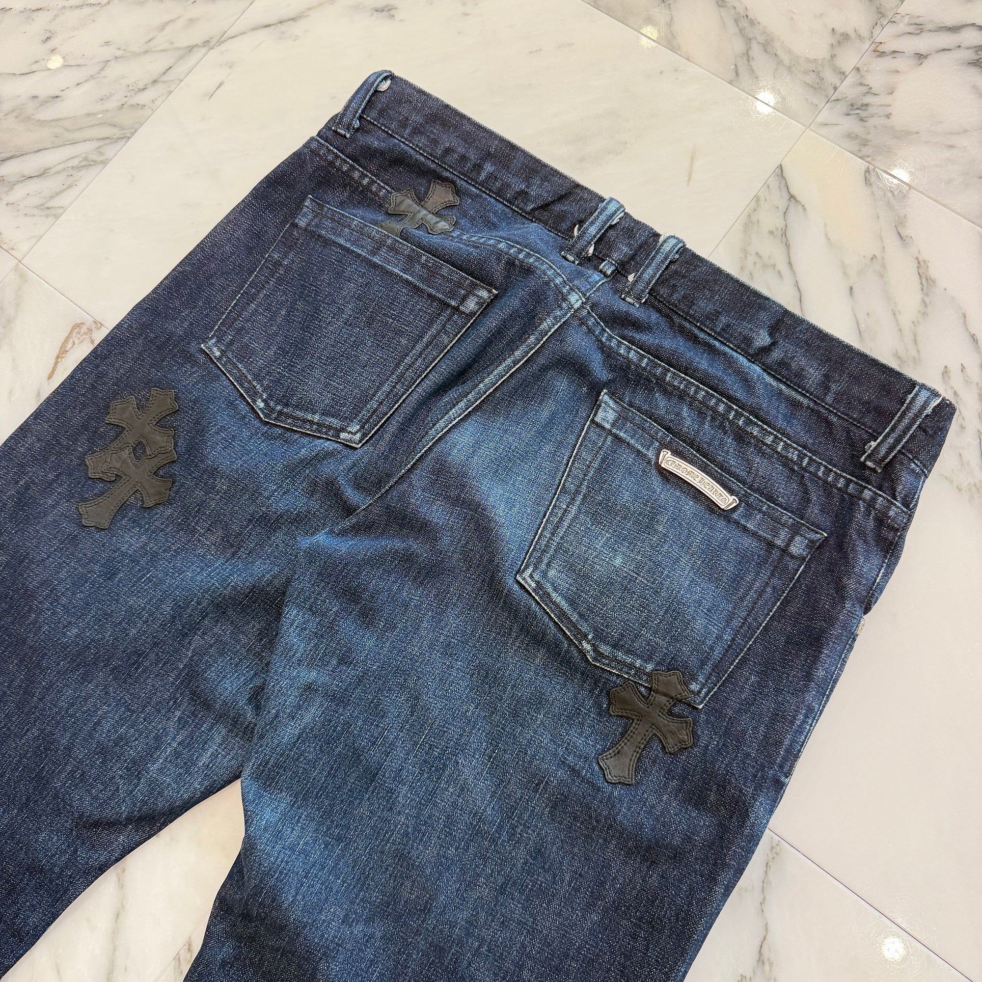 CHROME HEARTS Leather Cross Patch Cross Ball Button Denim Pants Size 36 クロムハーツ レザークロスパッチ クロスボールボタン デニムパンツ サイズ36