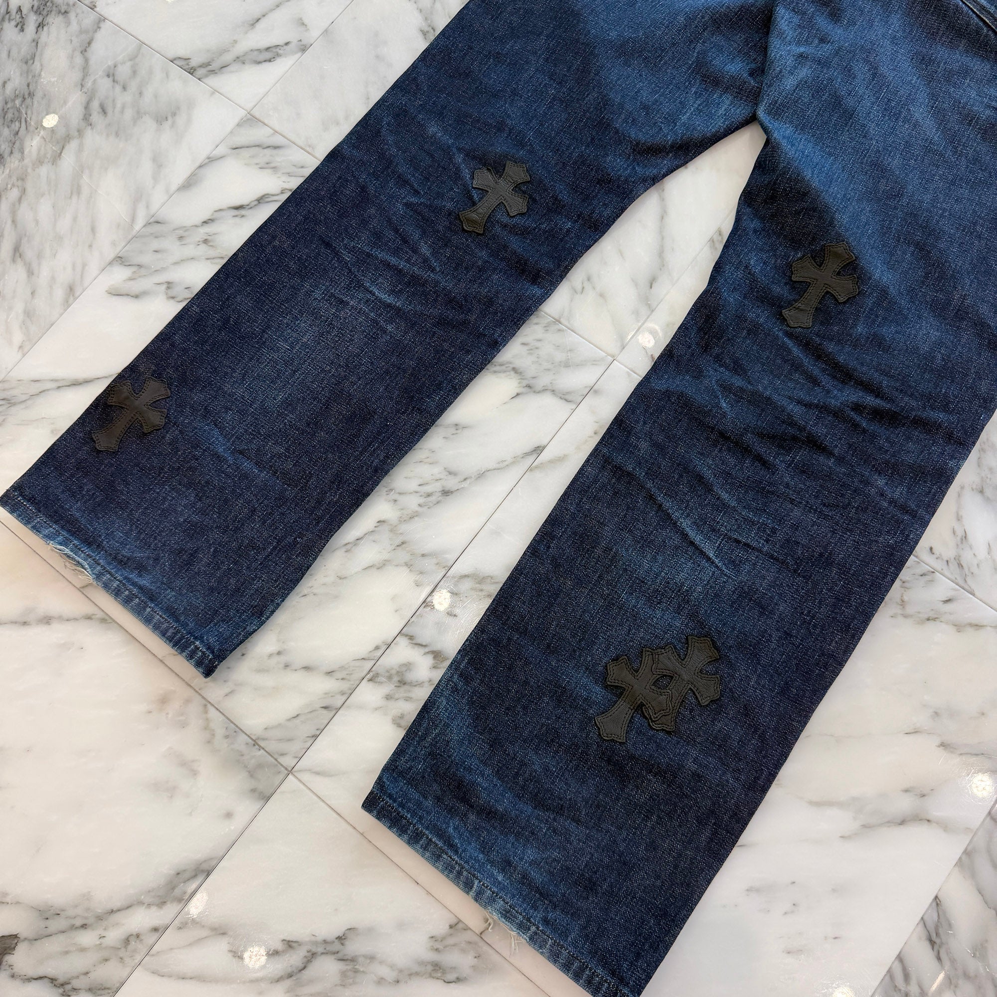 CHROME HEARTS Leather Cross Patch Cross Ball Button Denim Pants Size 36 クロムハーツ レザークロスパッチ クロスボールボタン デニムパンツ サイズ36