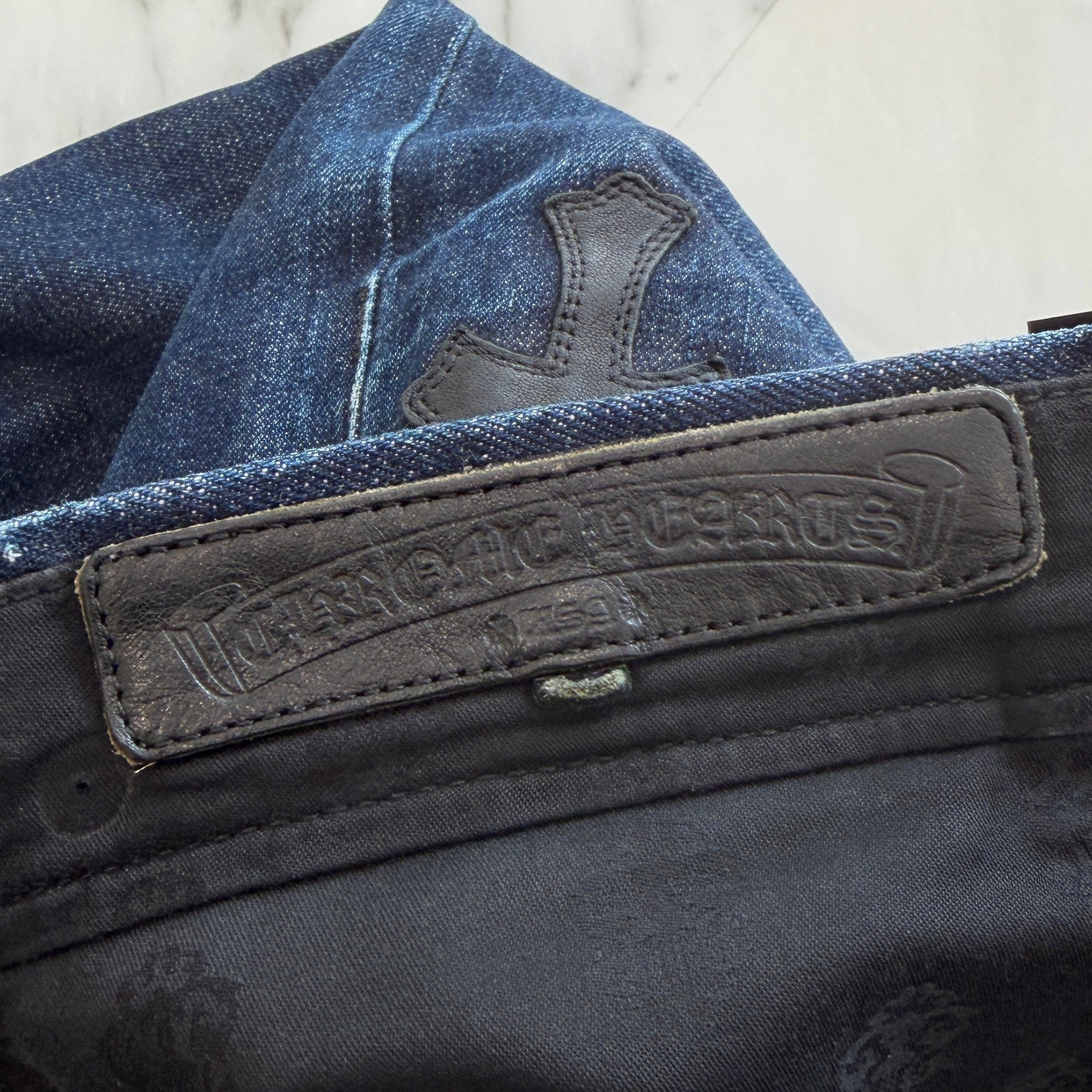 CHROME HEARTS Leather Cross Patch Cross Ball Button Denim Pants Size 36 クロムハーツ レザークロスパッチ クロスボールボタン デニムパンツ サイズ36