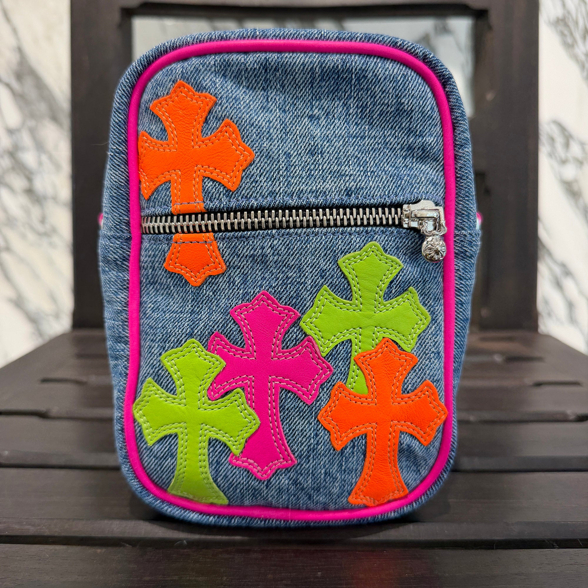 CHROME HEARTS TAKAMINI Multi Color Leather Cross Patch Denim Shoulder Bag クロムハーツ タカミニ マルチカラー レザークロスパッチ デニムショルダーバッグ