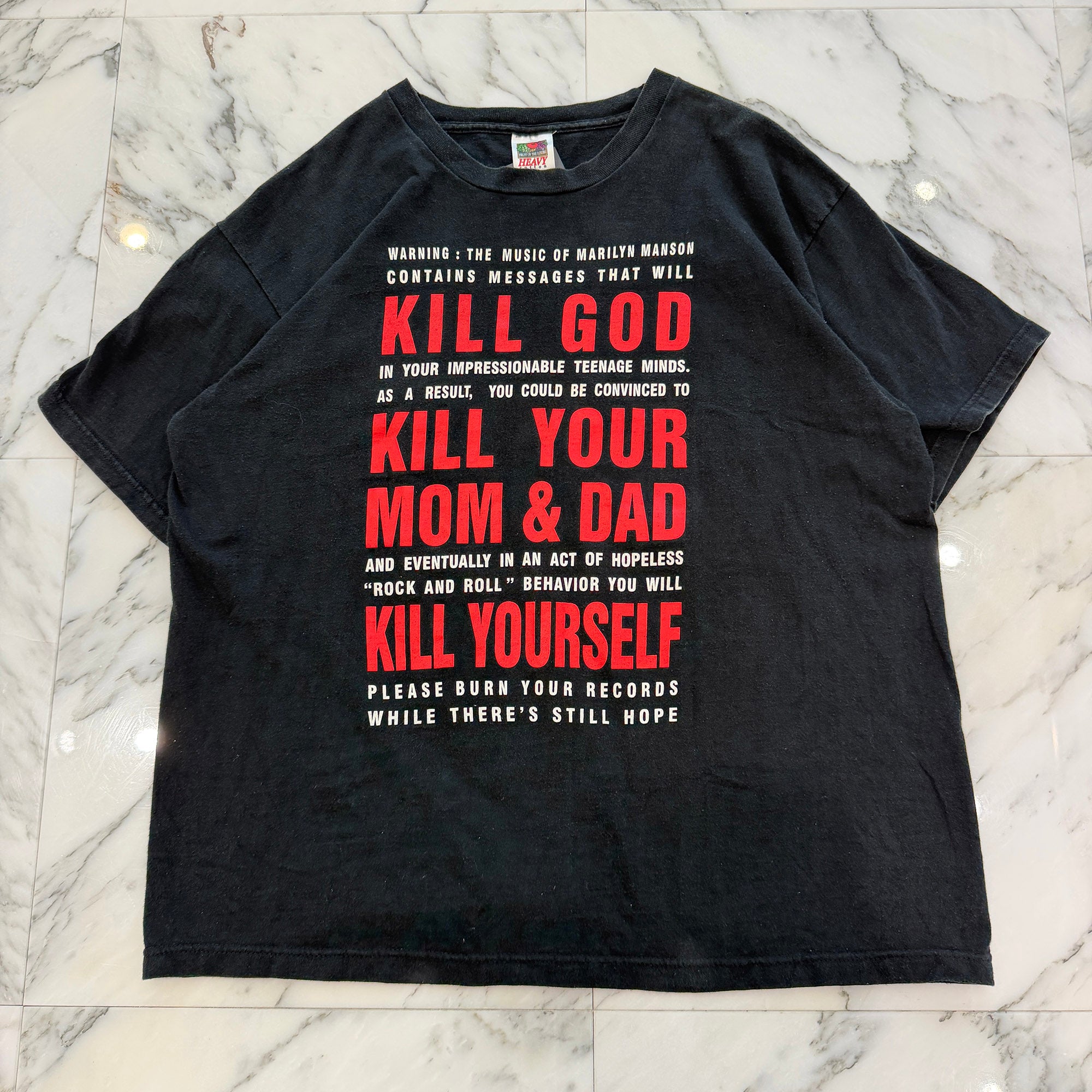 Vintage 90's Marilyn Manson "KILL GOD KILL YUR MOM & DAD KILL YOUSELF" FRUIT OF THE LOOM S/S Tee Size XL ヴィンテージ 90's マリリンマンソン "キル・ゴッド・キル・ユア・マム・アンド・ダッド・キル・ユアセルフ" フルーツオブザルーム社製Tシャツ サイズXL