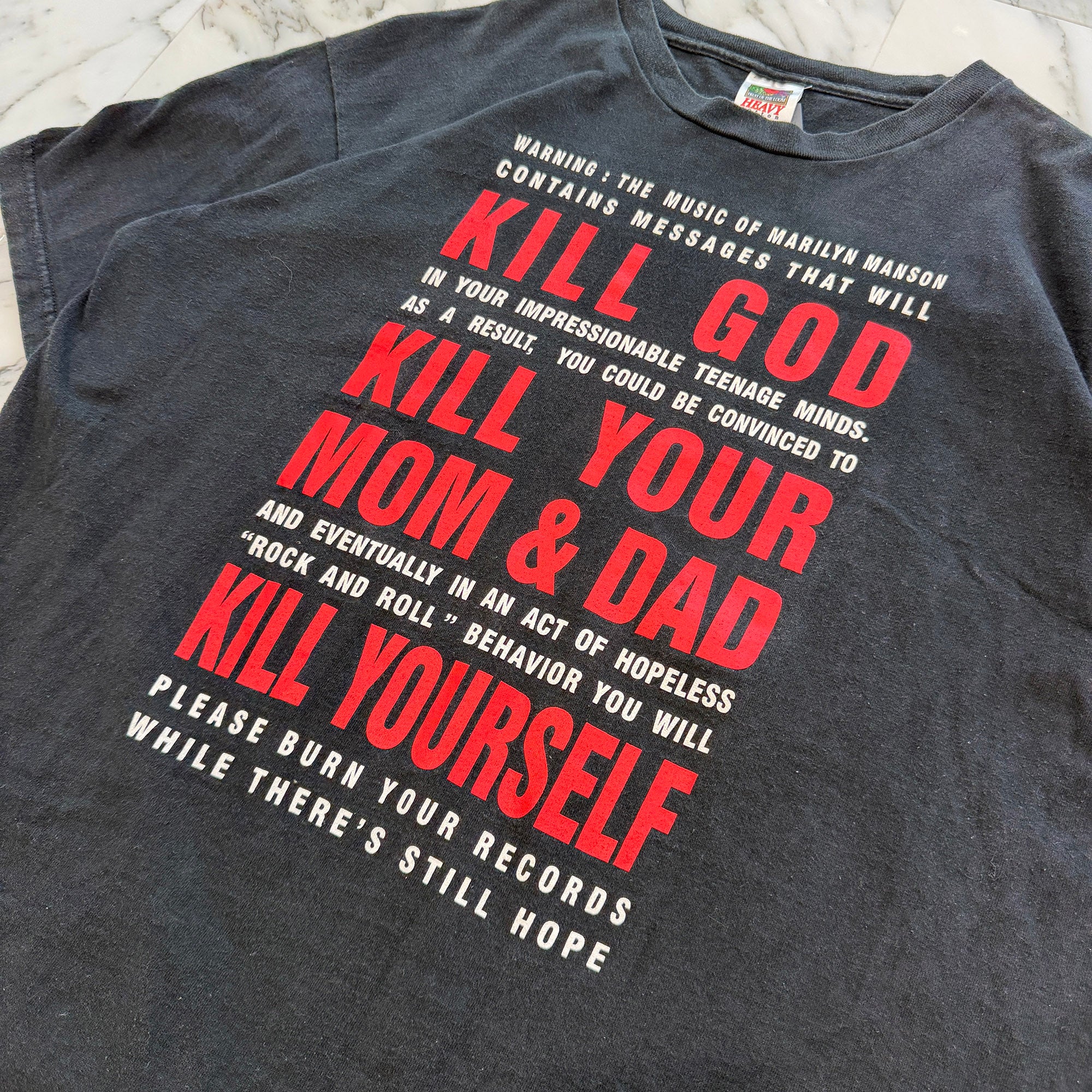 Vintage 90's Marilyn Manson "KILL GOD KILL YUR MOM & DAD KILL YOUSELF" FRUIT OF THE LOOM S/S Tee Size XL ヴィンテージ 90's マリリンマンソン "キル・ゴッド・キル・ユア・マム・アンド・ダッド・キル・ユアセルフ" フルーツオブザルーム社製Tシャツ サイズXL