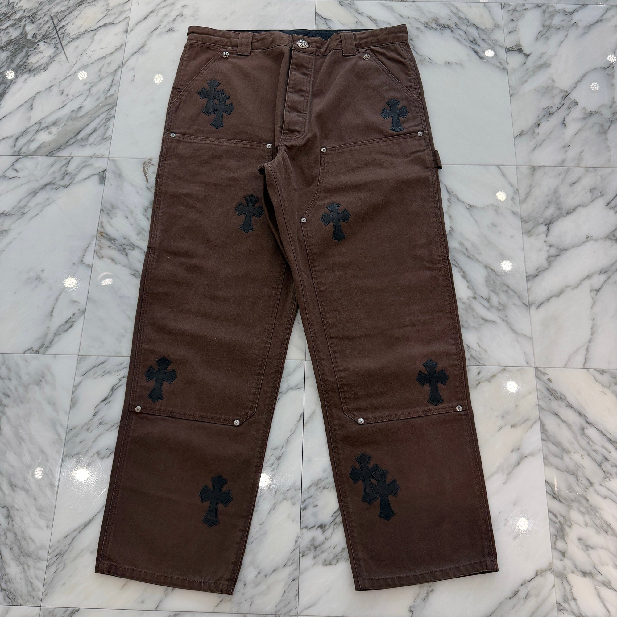 CHROME HEARTS Cross Leather Patch Carpenter Cross Ball Button Cotton Pants Size 36 クロムハーツ クロスレザーパッチ カーペンター クロスボールボタン コットンパンツ サイズ36