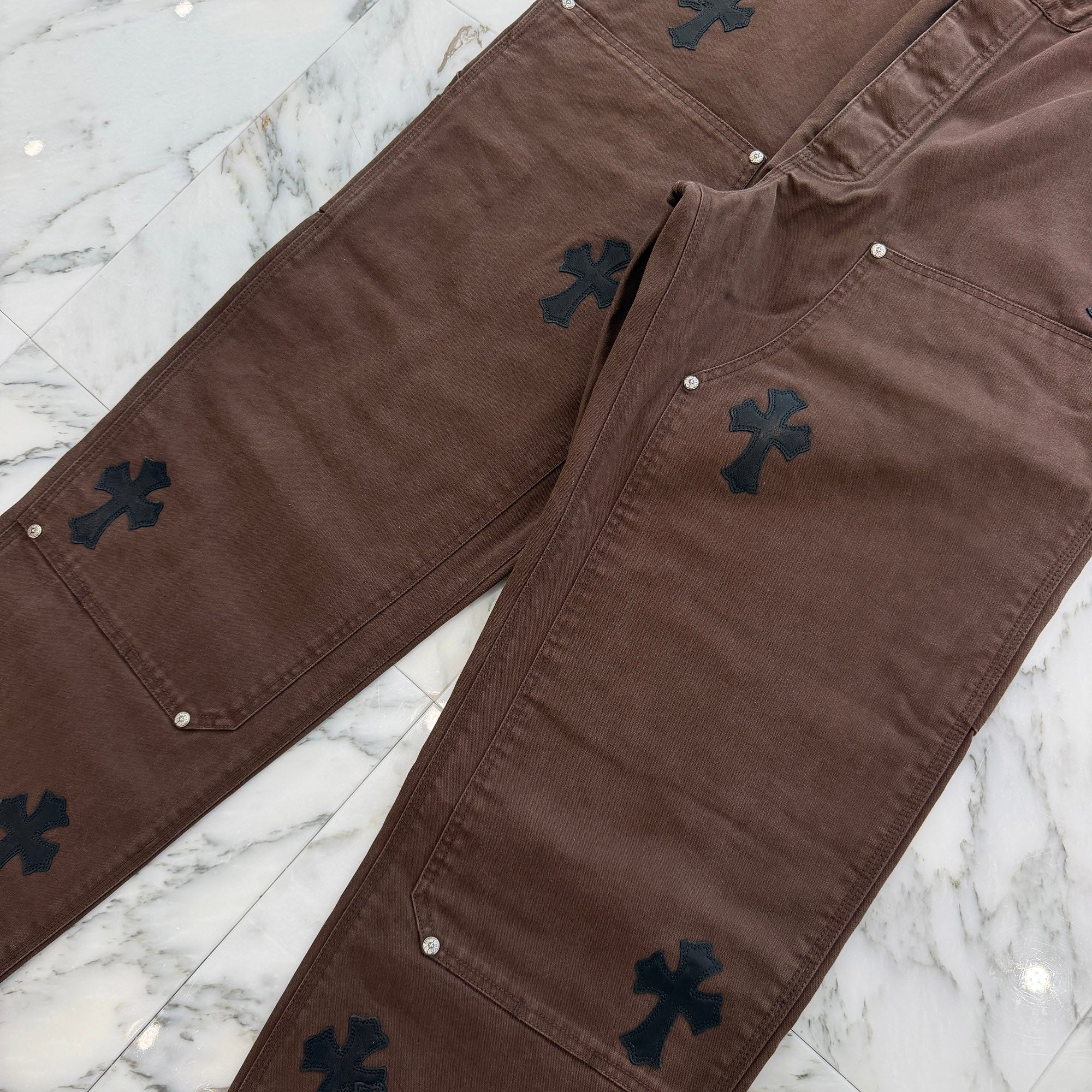 CHROME HEARTS Cross Leather Patch Carpenter Cross Ball Button Cotton Pants Size 36 クロムハーツ クロスレザーパッチ カーペンター クロスボールボタン コットンパンツ サイズ36