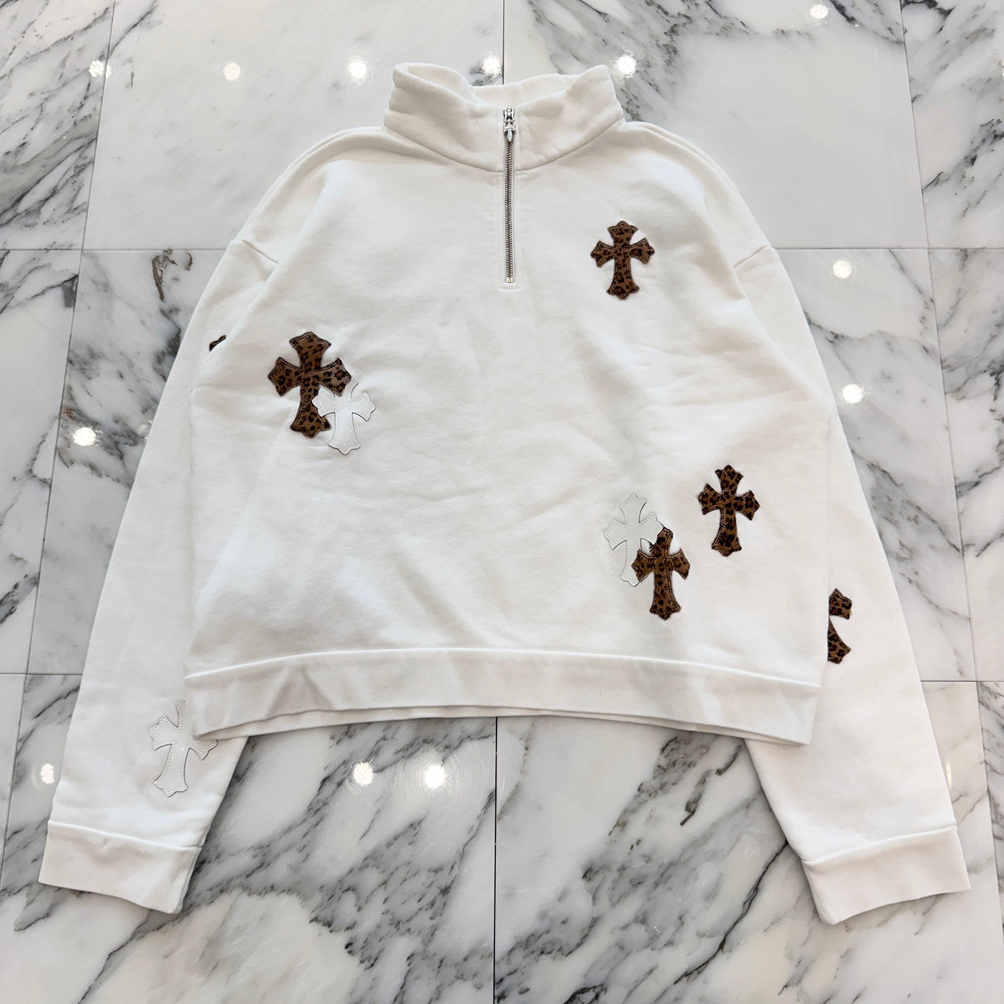 CHROME HEARTS Y NOT Multi Leather Cross Patch Half Zip Sweatshirt Size L クロムハーツ ワイノット マルチレザークロスパッチ ハーフジップ スウェットシャツ サイズL