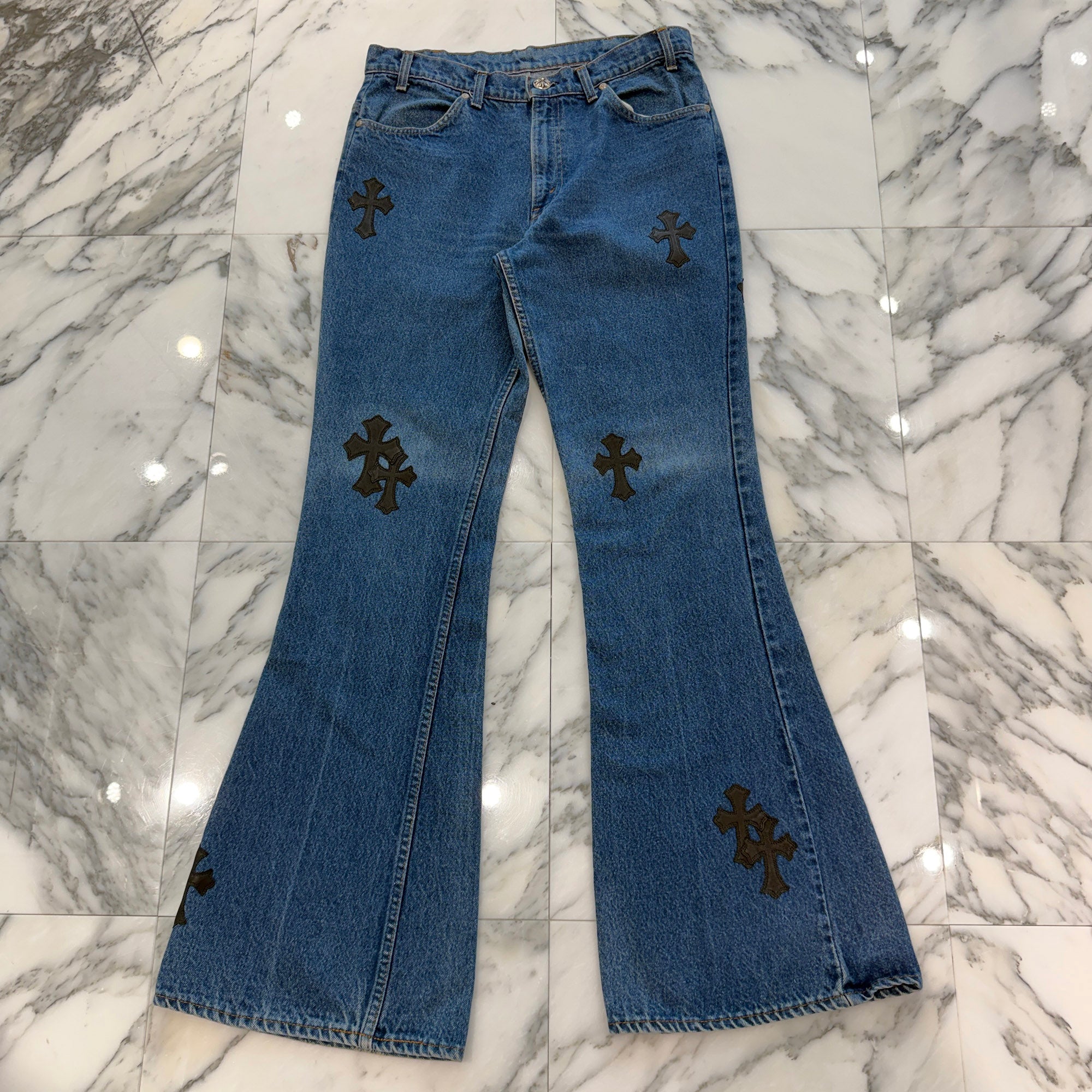 CHROME HEARTS × Levi's 646 Bell Bottoms Cross Leather Patch Jeans