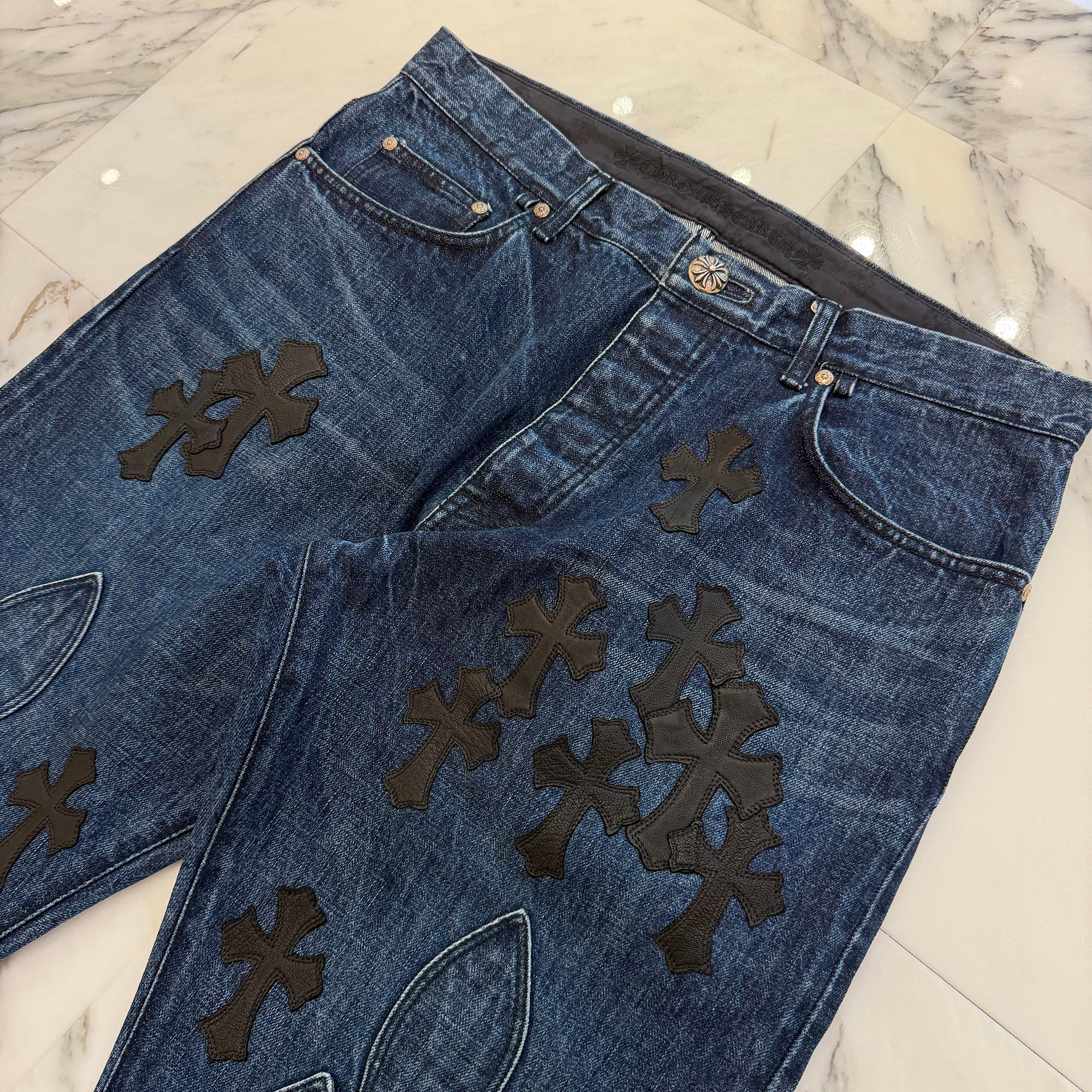 CHROME HEARTS Flare Knee Cemetery Cross Leather Patch Denim Pants Size 36 クロムハーツ フレアニー セメタリークロスレザーパッチ デニムパンツ サイズ36