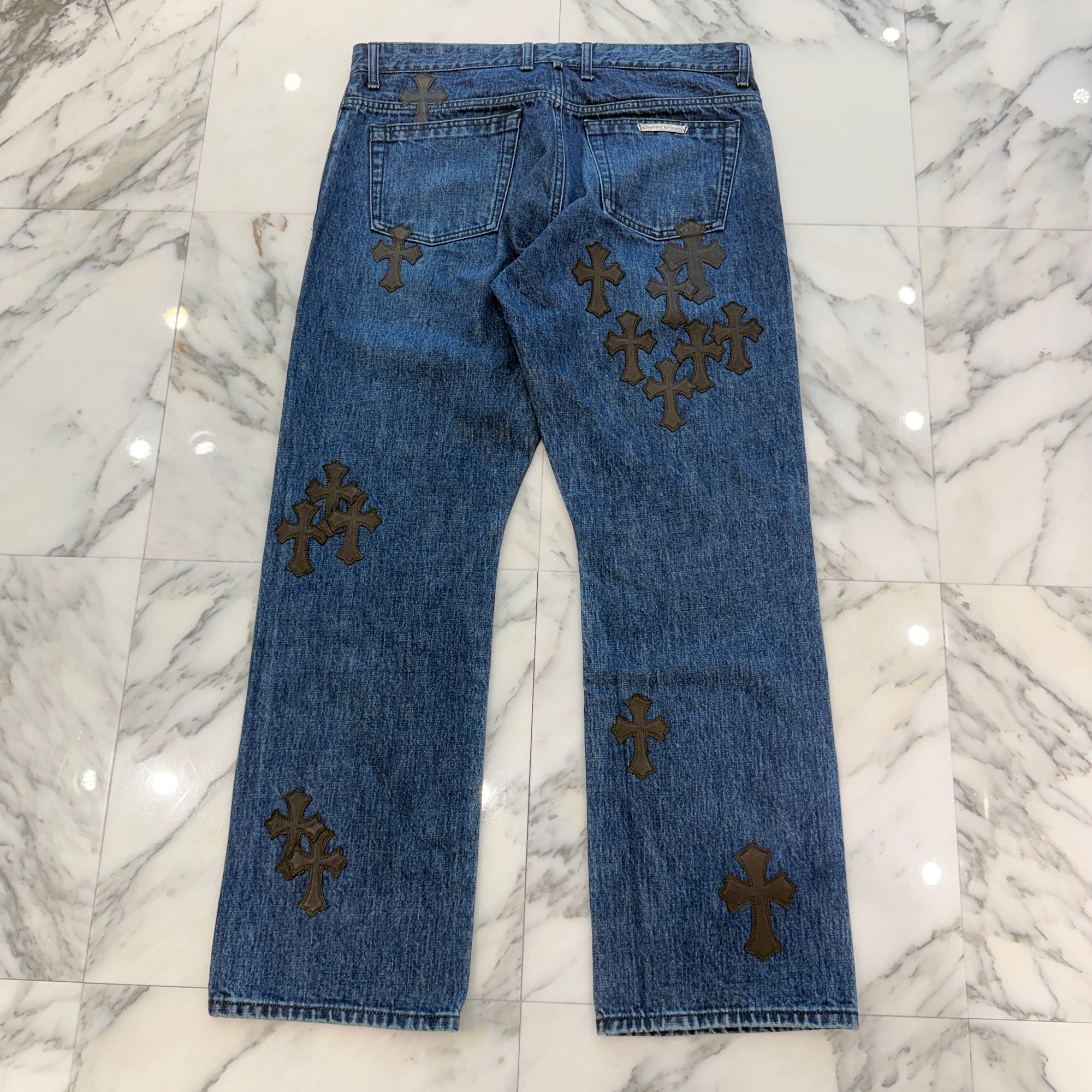 CHROME HEARTS Flare Knee Cemetery Cross Leather Patch Denim Pants Size 36 クロムハーツ フレアニー セメタリークロスレザーパッチ デニムパンツ サイズ36