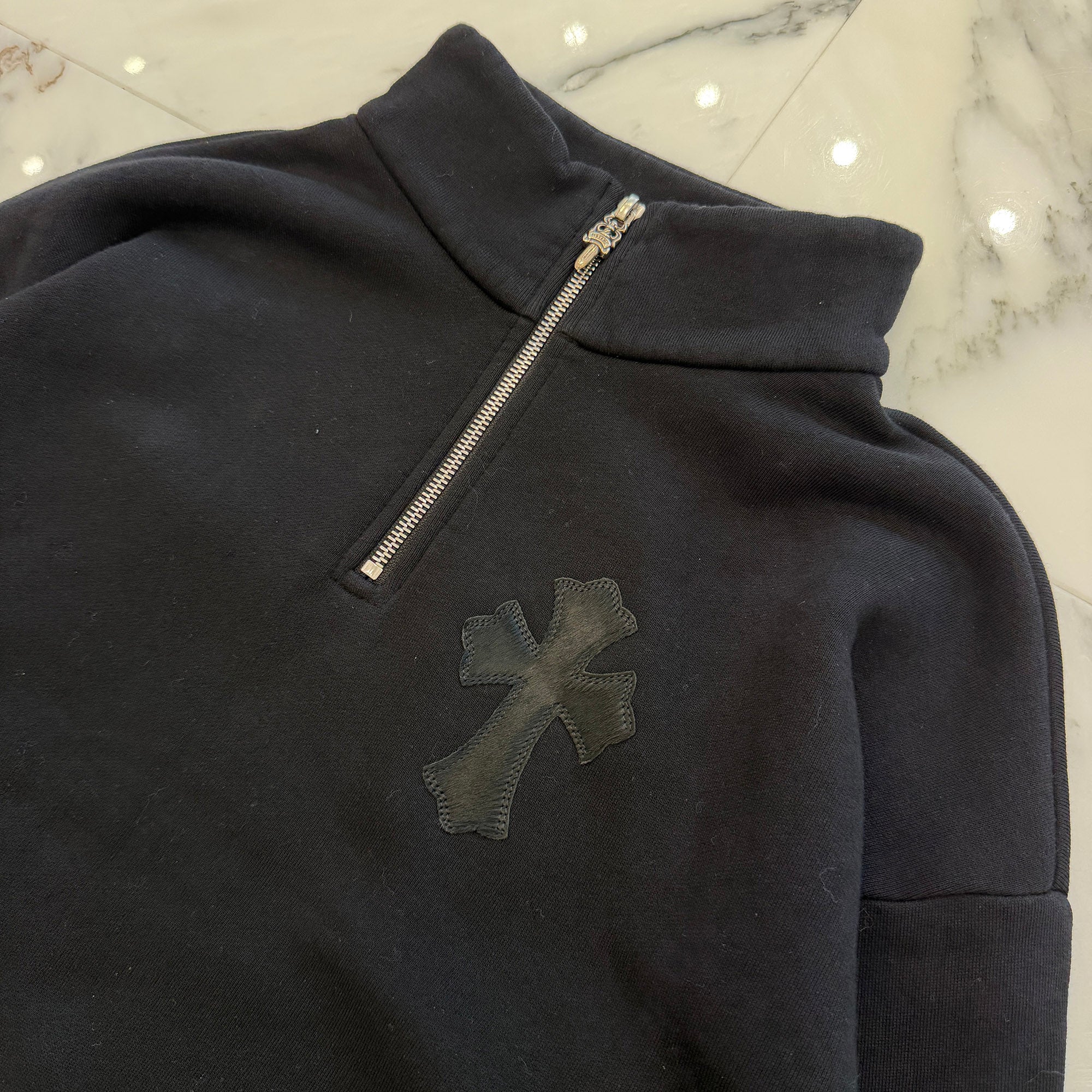 CHROME HEARTS Y NOT Multi Leather Cross Patch Half Zip Sweatshirt