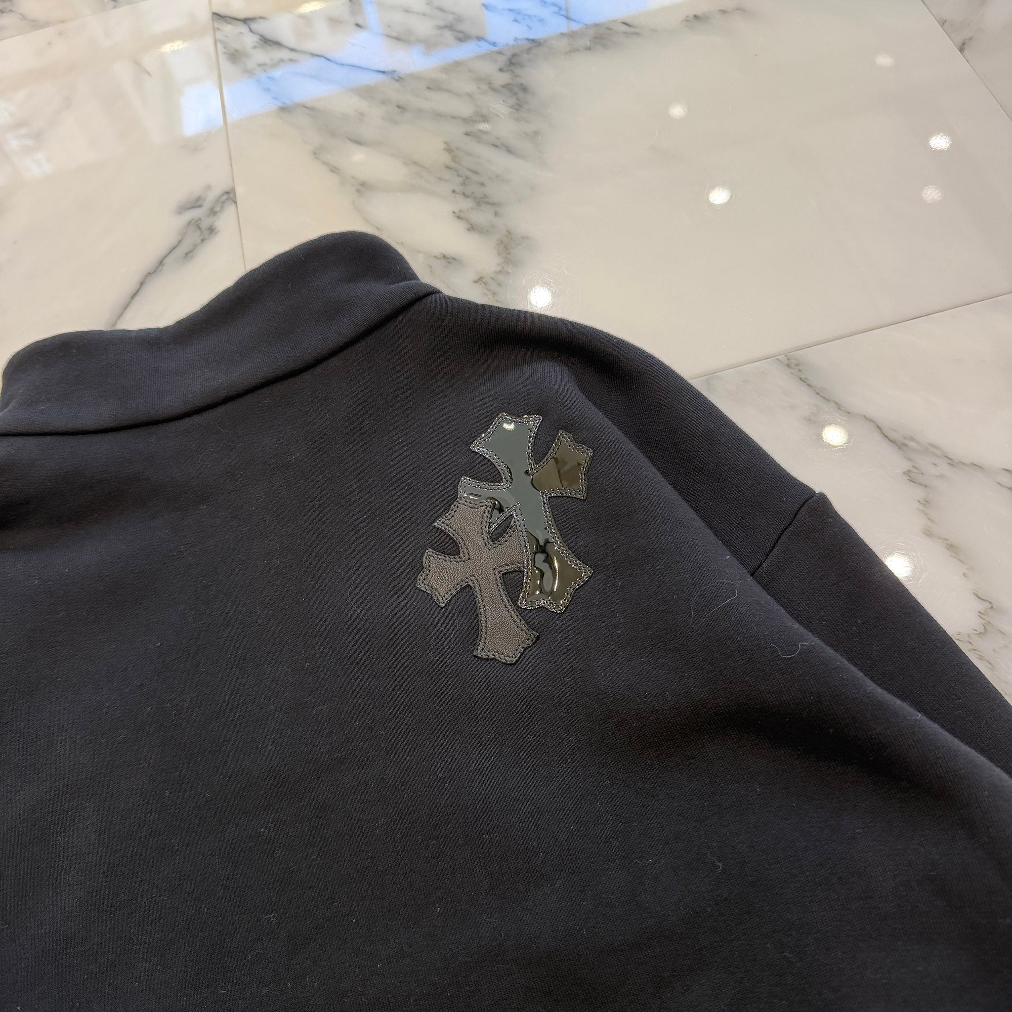 CHROME HEARTS Y NOT Multi Leather Cross Patch Half Zip Sweatshirt