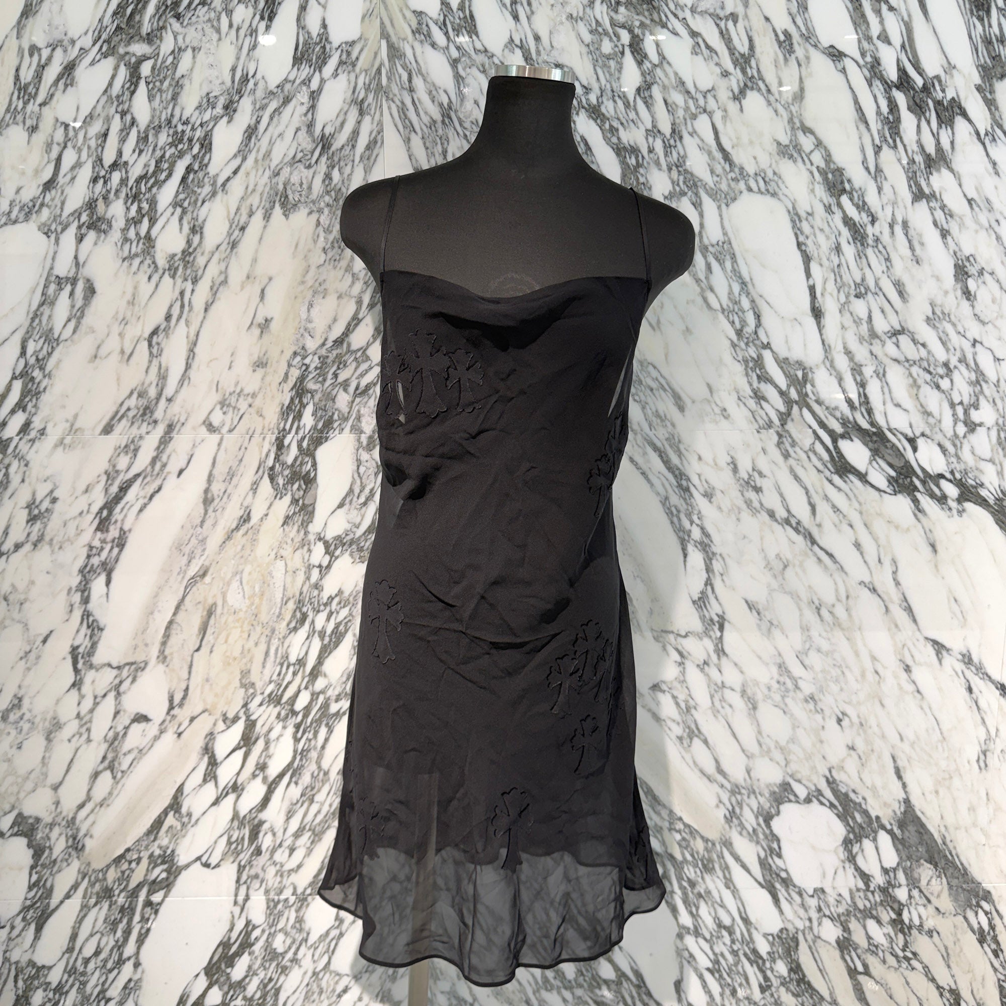 CHROME HEARTS Y NOT Cemetery Cross Back Open Silk Sheer Camisole Dress Size M クロムハーツ ワイノット セメタリークロス バックオープン シルクシアー キャミソールワンピース サイズＭ