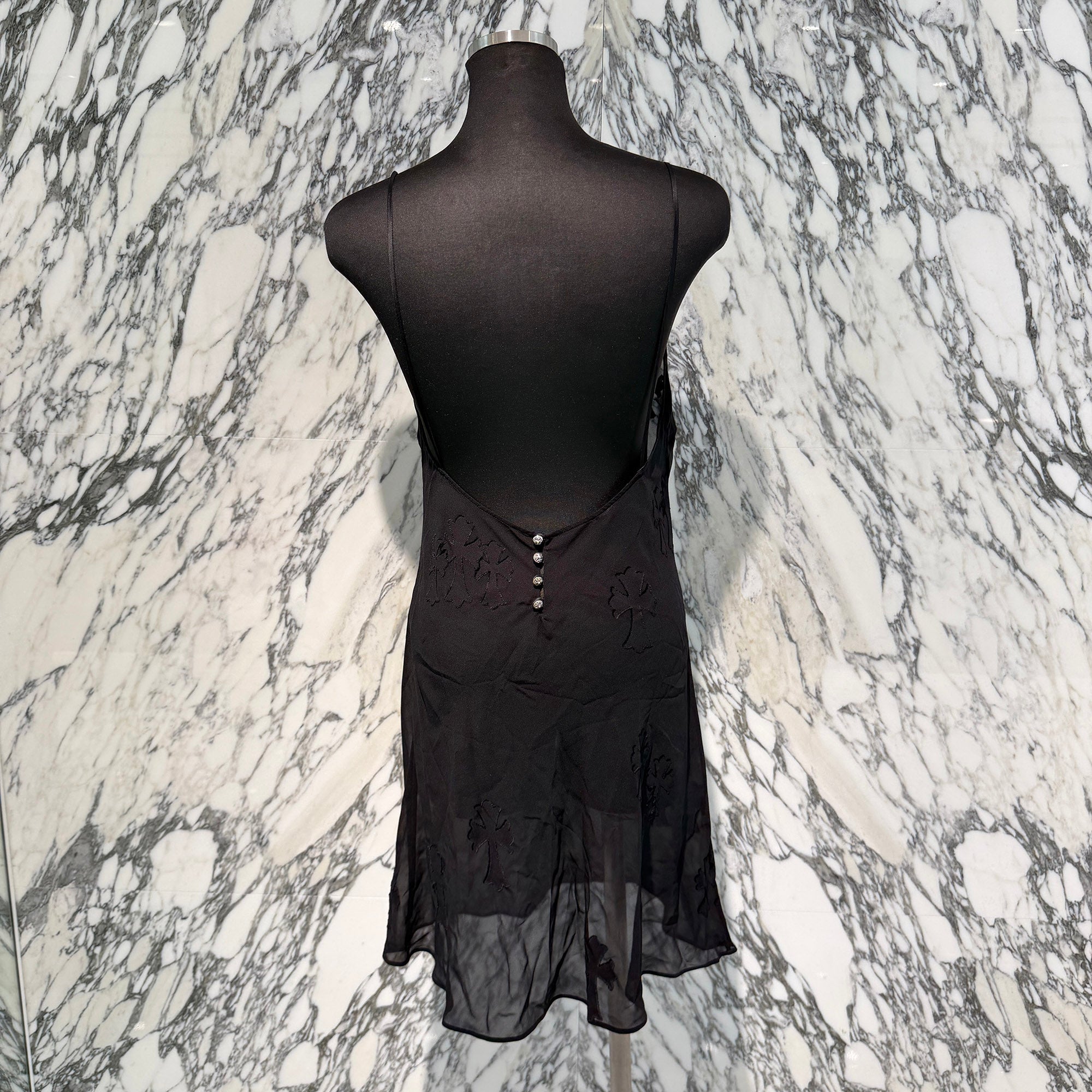 CHROME HEARTS Y NOT Cemetery Cross Back Open Silk Sheer Camisole Dress Size M クロムハーツ ワイノット セメタリークロス バックオープン シルクシアー キャミソールワンピース サイズＭ