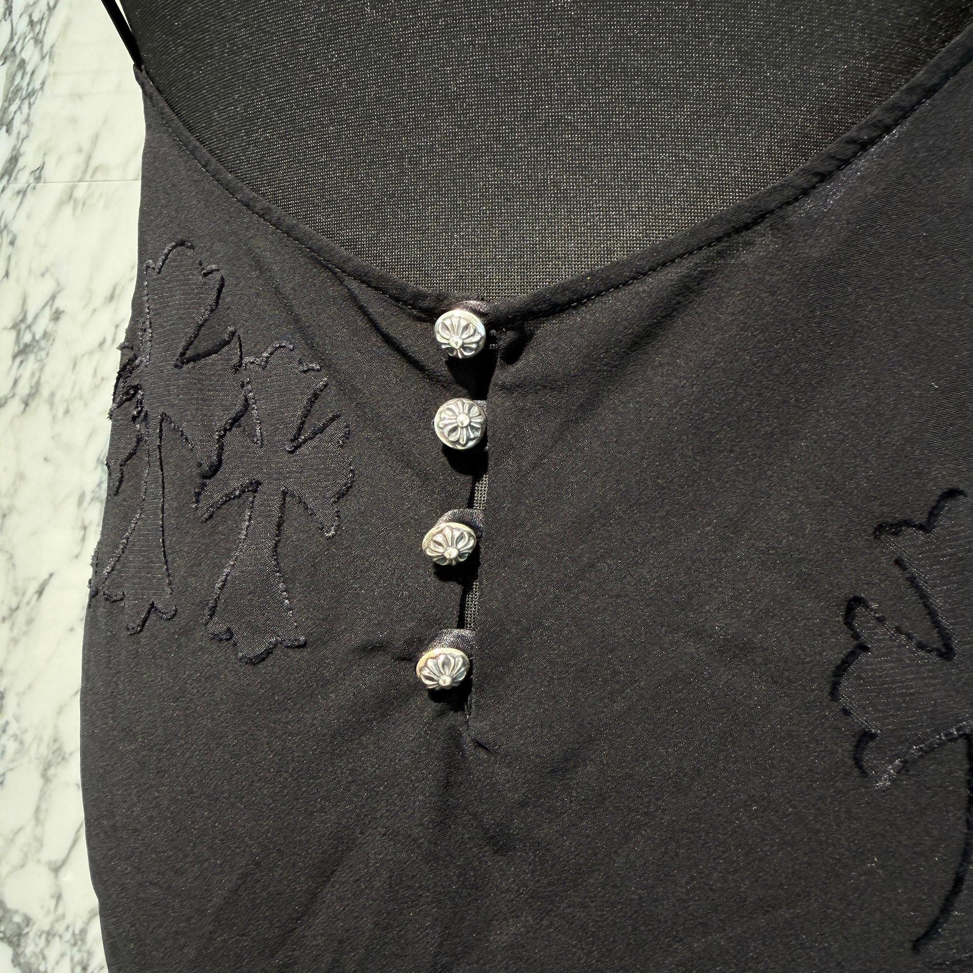 CHROME HEARTS Y NOT Cemetery Cross Back Open Silk Sheer Camisole Dress Size M クロムハーツ ワイノット セメタリークロス バックオープン シルクシアー キャミソールワンピース サイズＭ