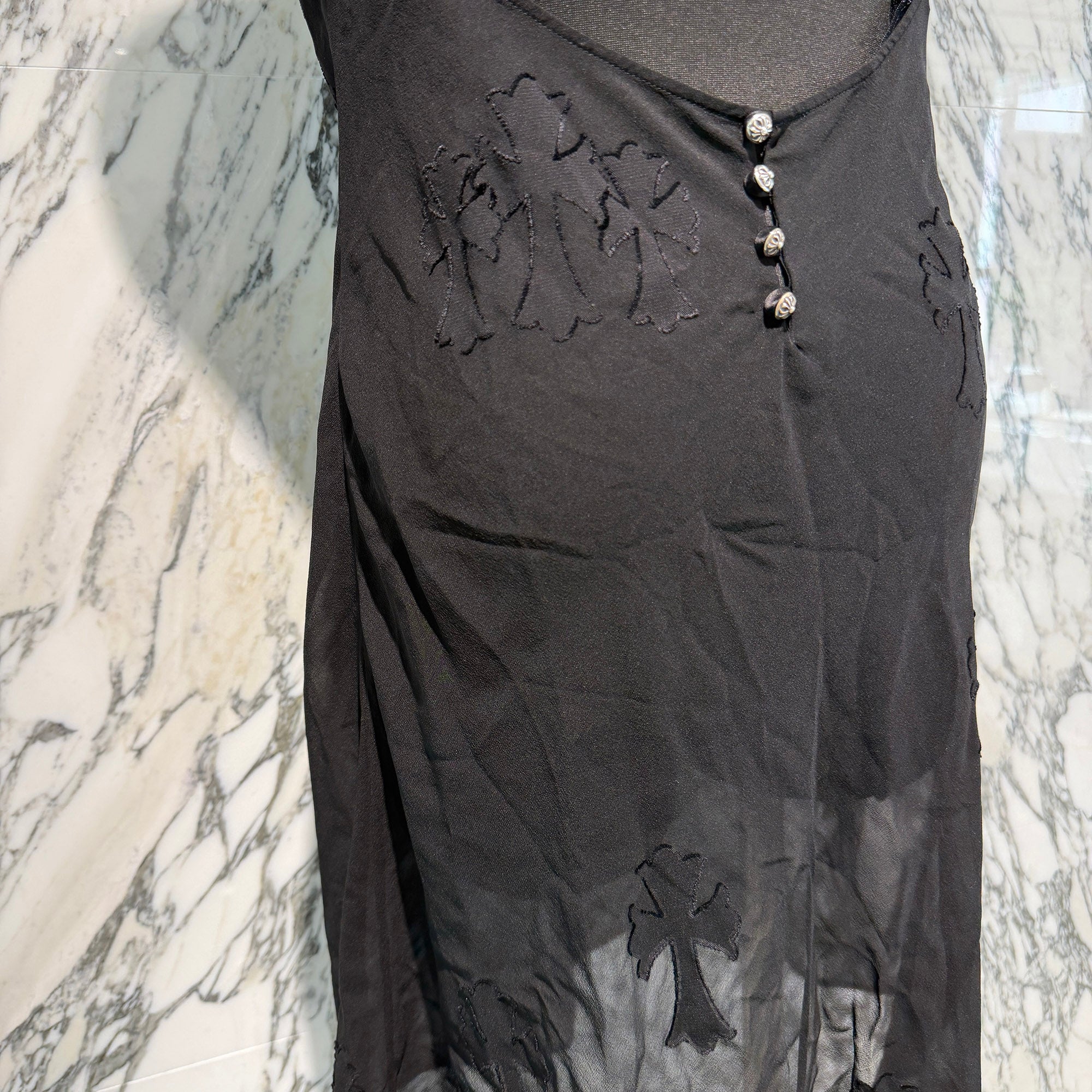 CHROME HEARTS Y NOT Cemetery Cross Back Open Silk Sheer Camisole Dress Size M クロムハーツ ワイノット セメタリークロス バックオープン シルクシアー キャミソールワンピース サイズＭ