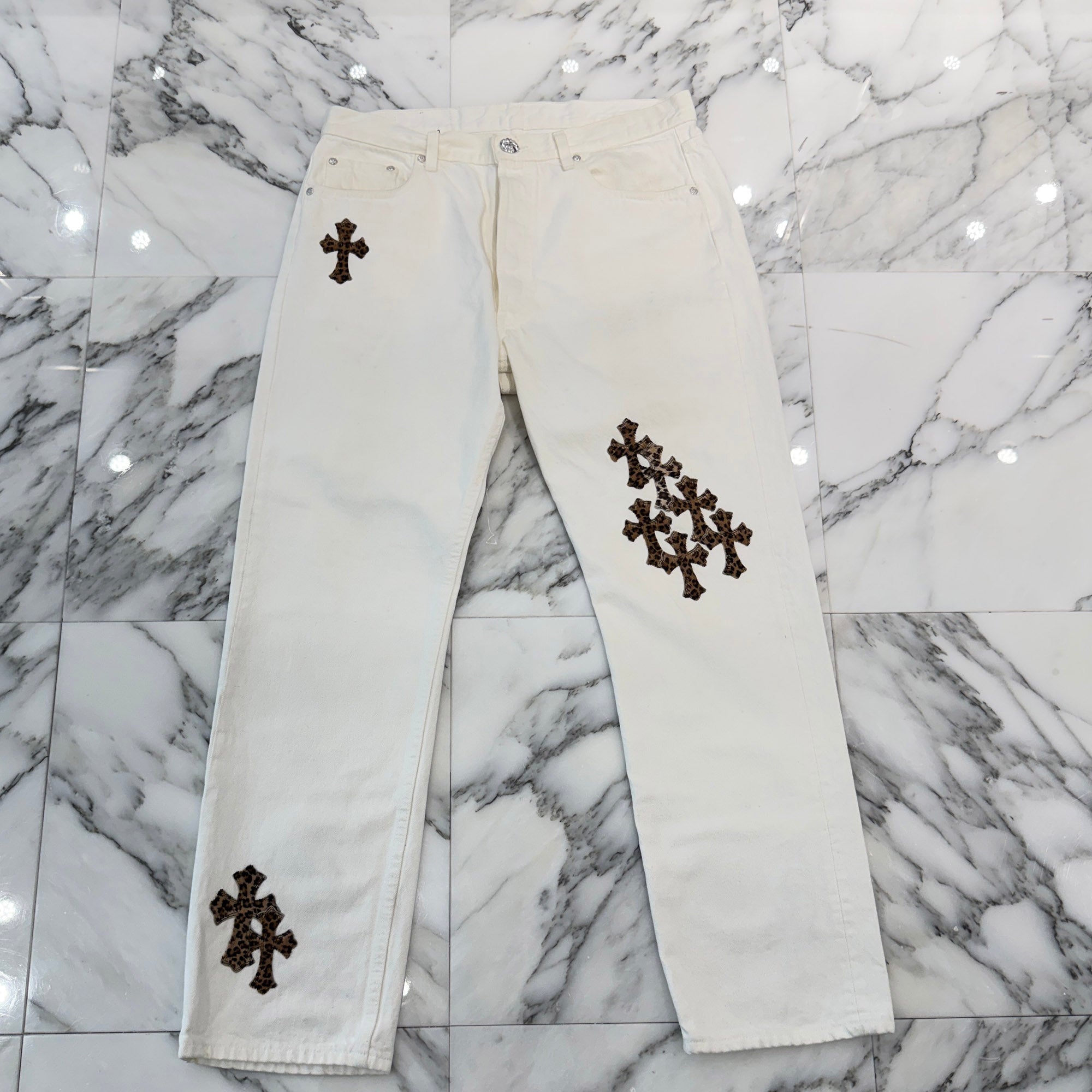 CHROME HEARTS Levi's VNTG Leopard Harako Leather Cross Patch Denim Pants Size 34 クロムハーツ リーバイス ヴィンテージ レオパード ハラコレザークロスパッチ デニムパンツ ジーンズ サイズ34