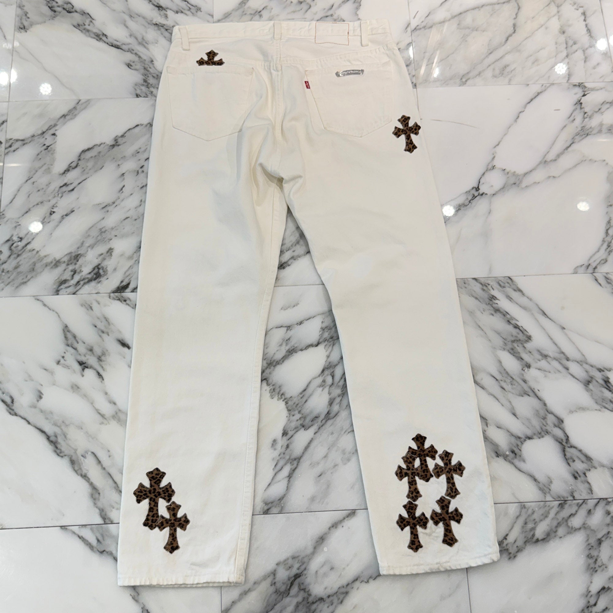 CHROME HEARTS Levi's VNTG Leopard Harako Leather Cross Patch Denim Pants Size 34 クロムハーツ リーバイス ヴィンテージ レオパード ハラコレザークロスパッチ デニムパンツ ジーンズ サイズ34