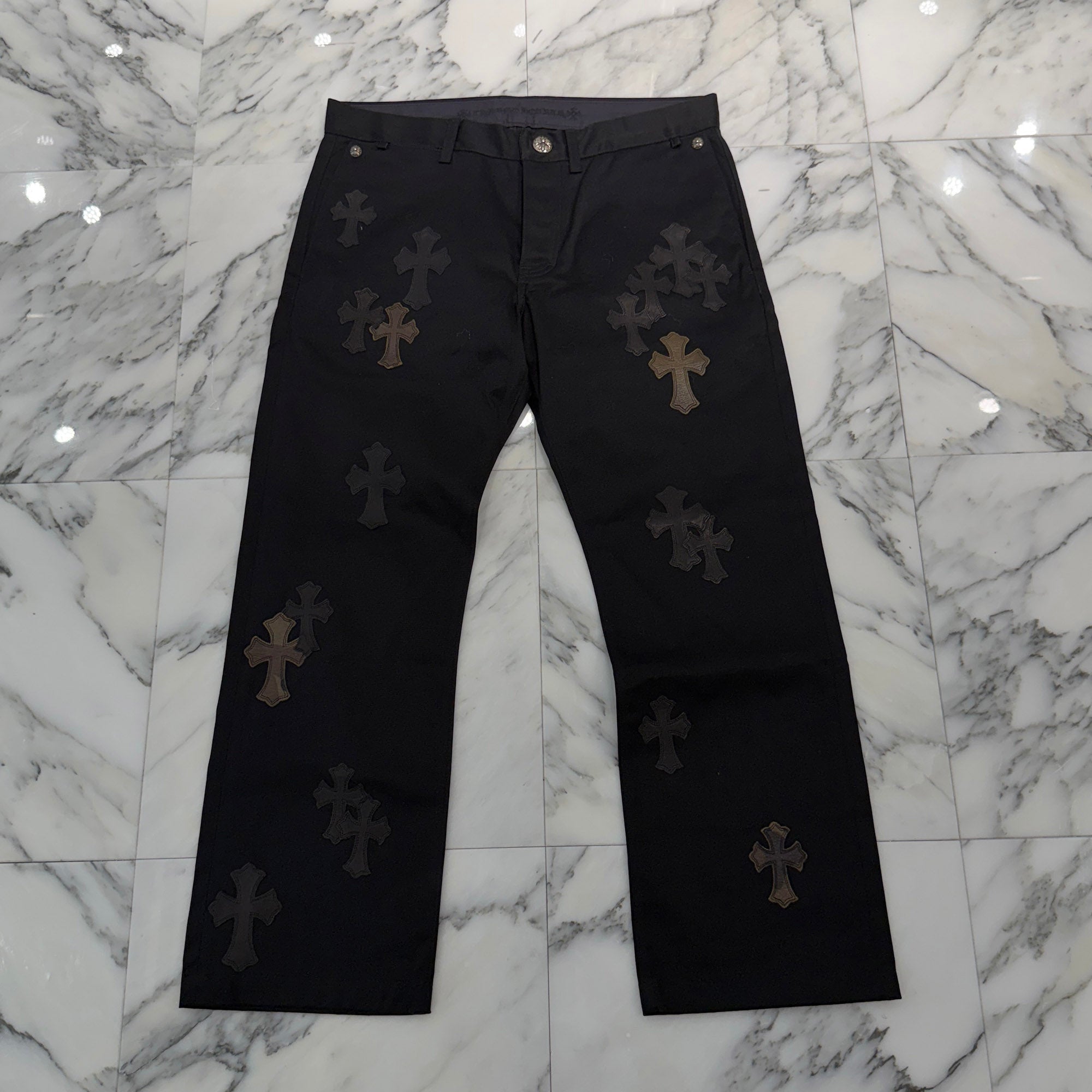 CHROME HEARTS Multi Leather Patch Cross Ball Button Cotton Chino Pants Size 36 クロムハーツ マルチレザーパッチ クロスボールボタン コットン チノパンツ サイズ36
