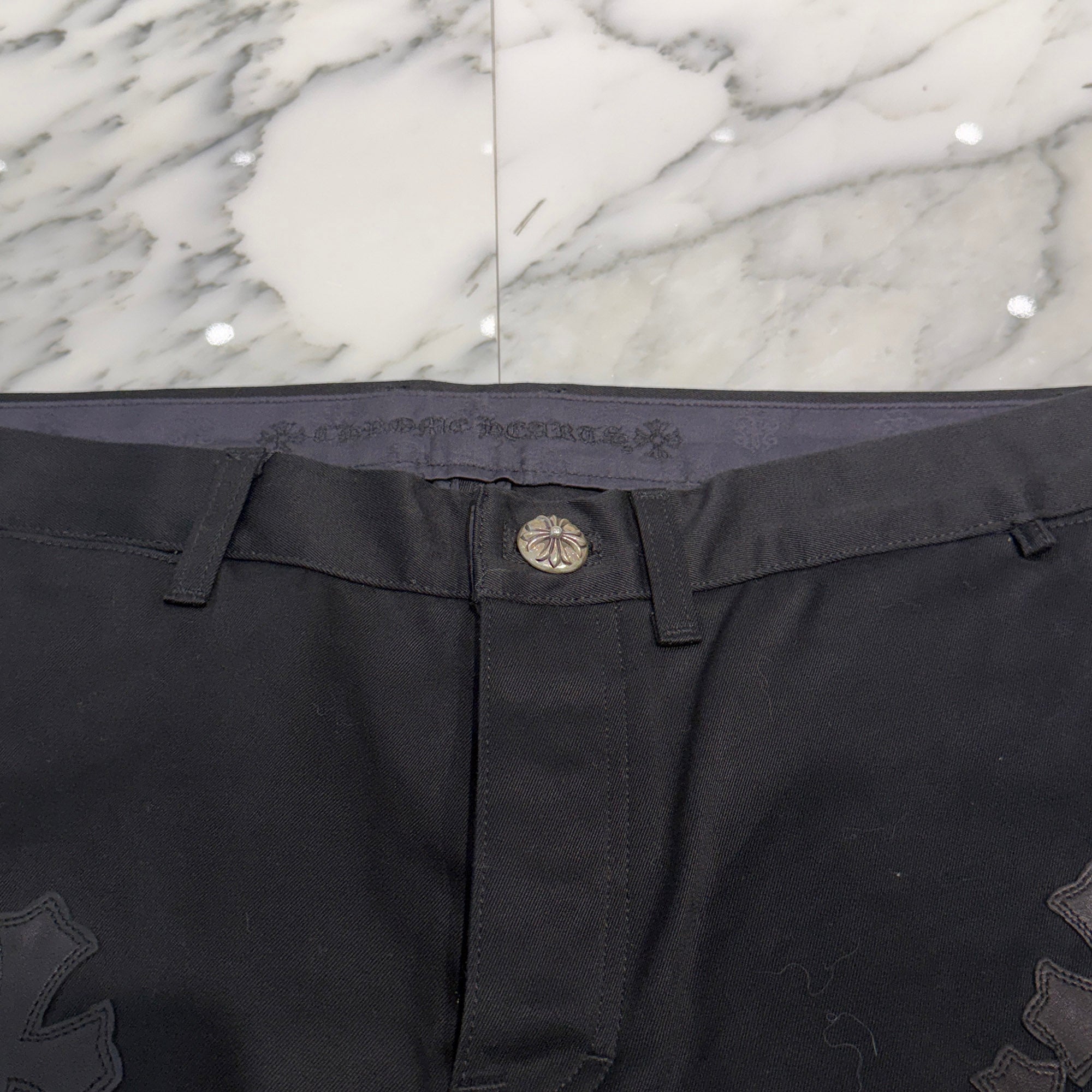 CHROME HEARTS Multi Leather Patch Cross Ball Button Cotton Chino Pants Size 36 クロムハーツ マルチレザーパッチ クロスボールボタン コットン チノパンツ サイズ36