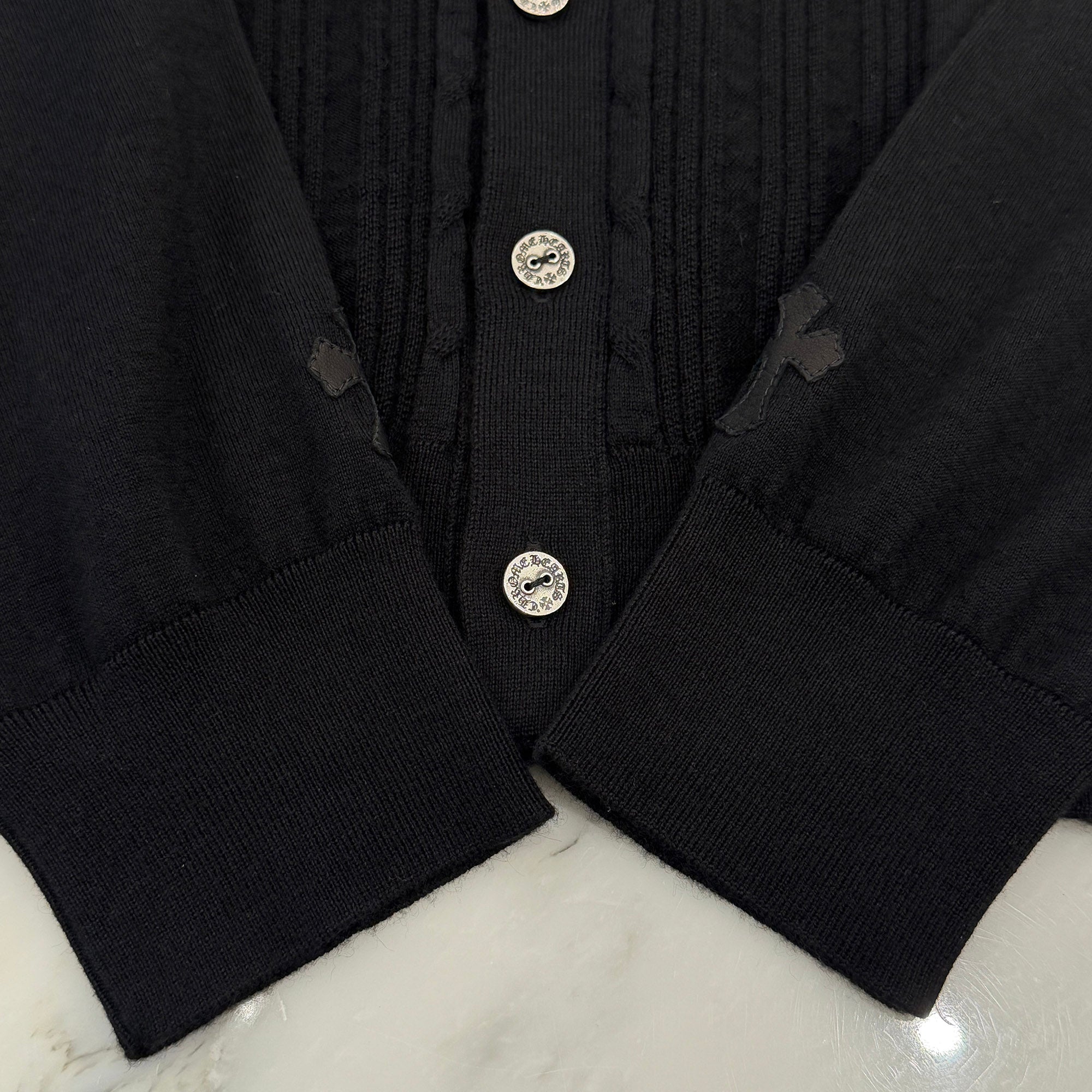 CHROME HEARTS Y NOT Cashmere Cross Leather Patch Silk Knit Cardigan Size M クロムハーツ ワイノット カシミヤ クロスレザーパッチ シルク ニットカーディガン サイズM