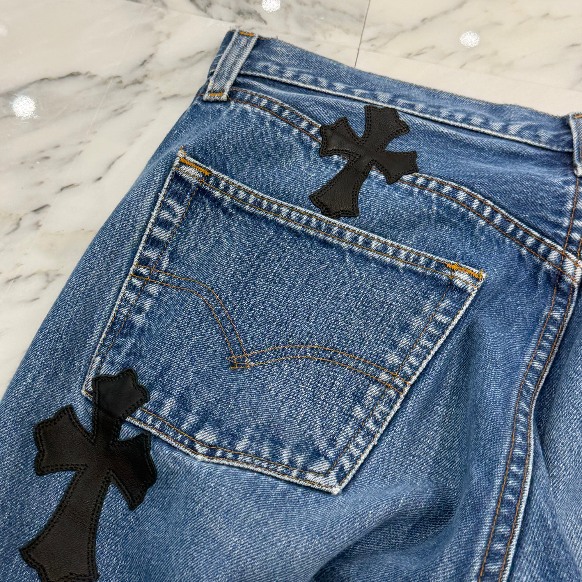 CHROME HEARTS × Levi's 501 VNTG Leather Cross Patch Denim Pants