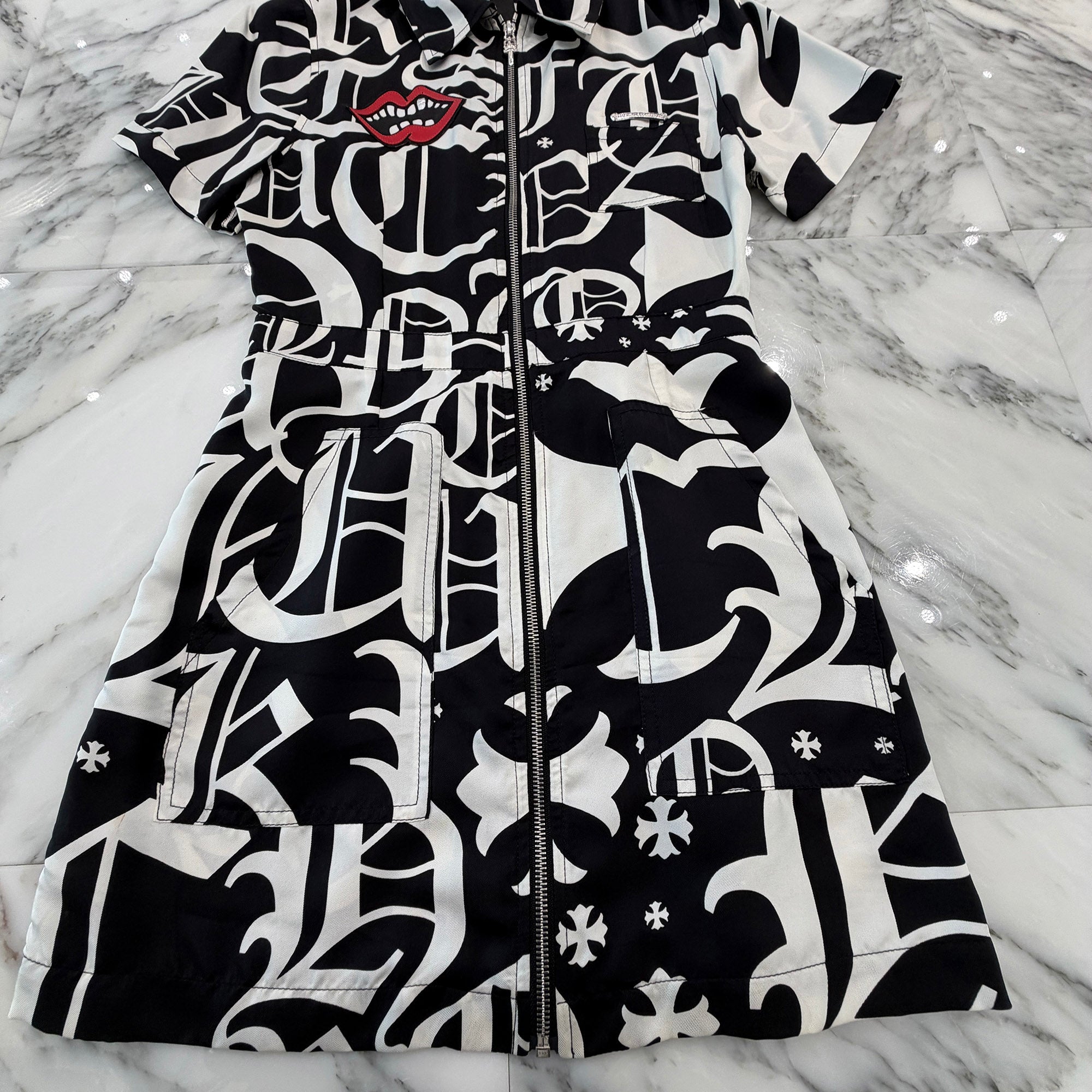 CHROME HEARTS × MATTYBOY Y NOT Chomper Leather Patch Pattern Zip Up Mini Dress Size S クロムハーツ×マッティボーイ ワイノット チョンパー レザー パッチ 総柄 ジップアップ ミニドレス サイズS