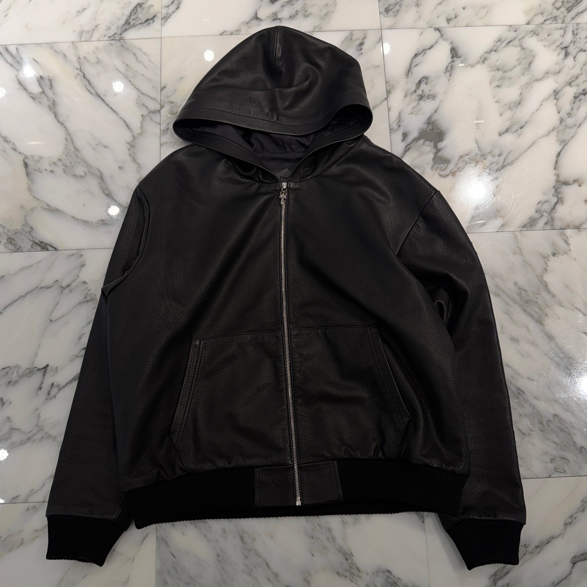 CHROME HEARTS Arm Logo Patch Leather Zip Up Hoodie Size S クロムハーツ アームロゴパッチ レザー ジップ アップ フーディー サイズS