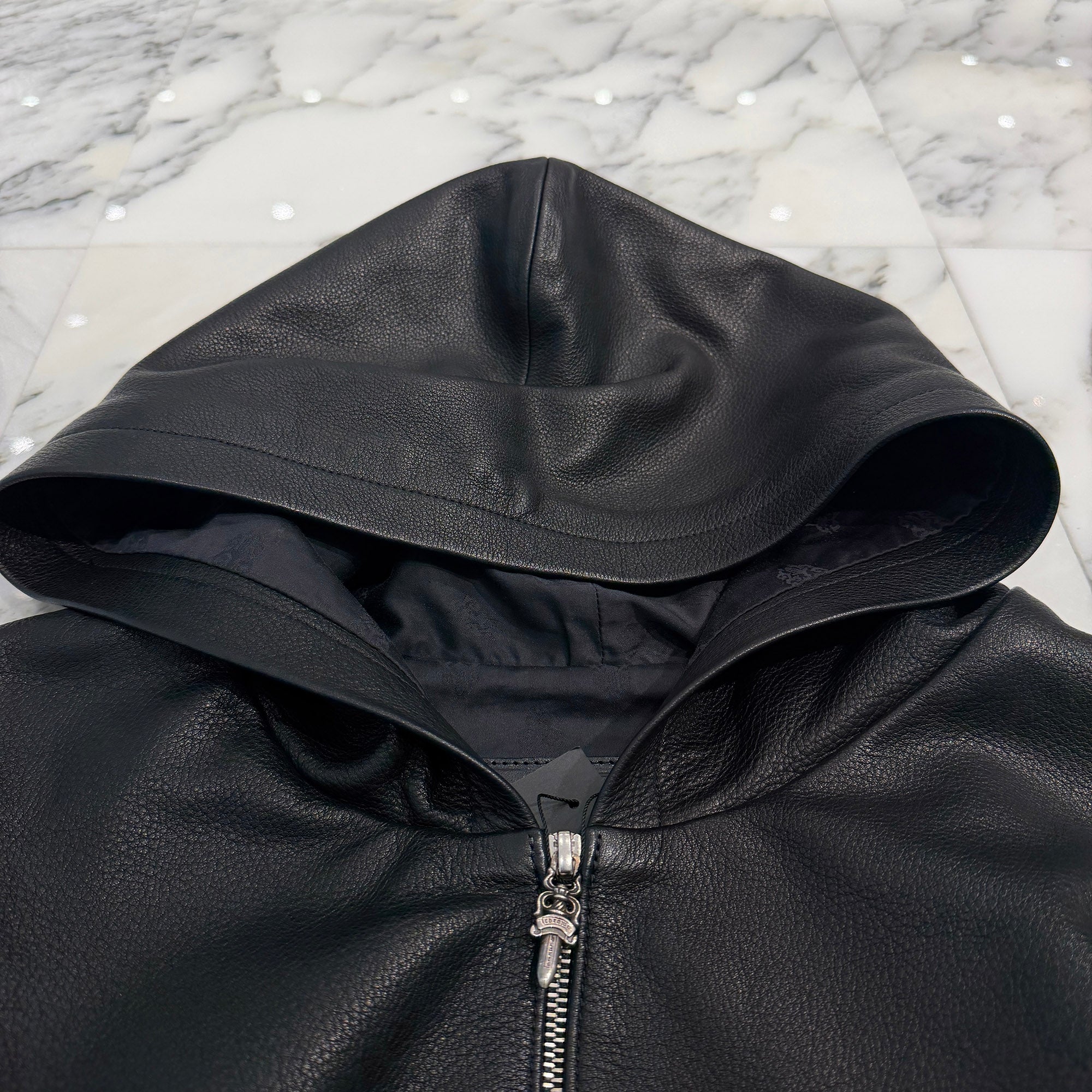 CHROME HEARTS Arm Logo Patch Leather Zip Up Hoodie Size S クロムハーツ アームロゴパッチ レザー ジップ アップ フーディー サイズS