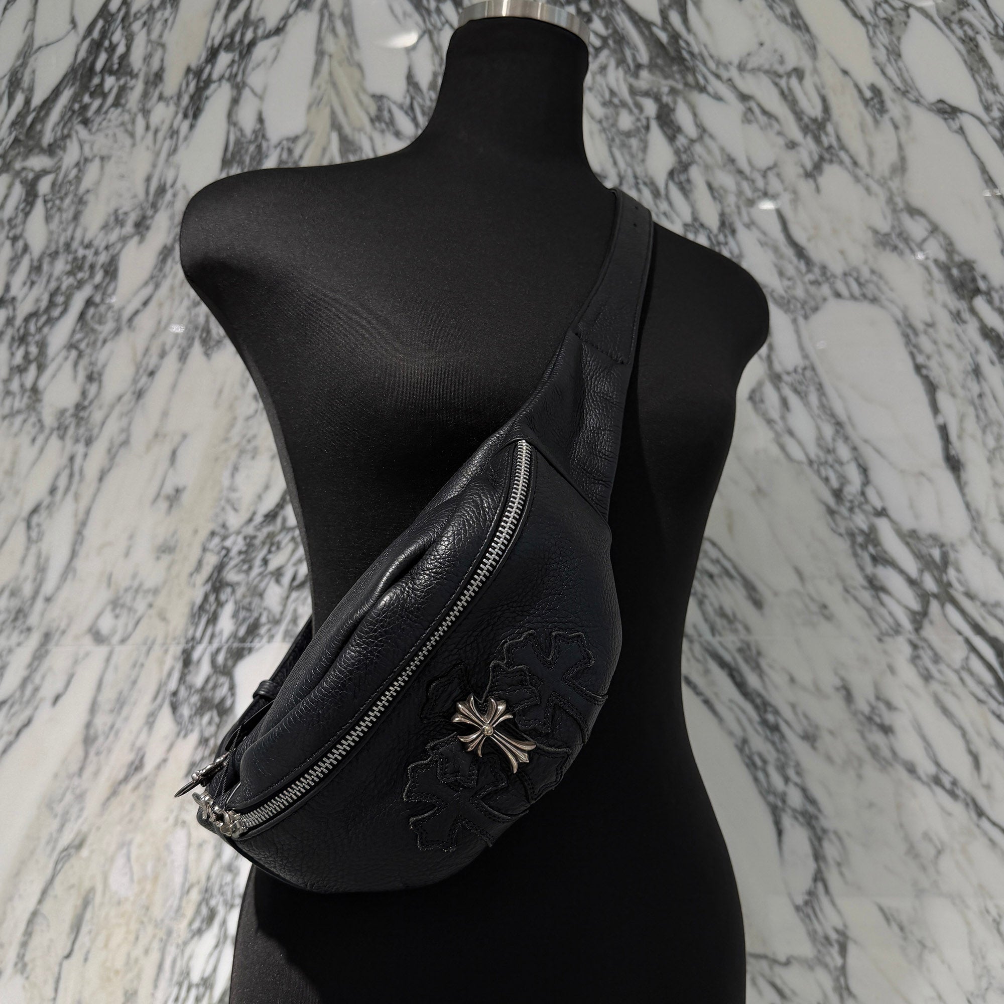 CHROME HEARTS #3 SNAT PACK Small Cross Cemetery Cross Patch LEATHER WAIST BAG クロムハーツ #3スナットパック スモールクロス セメタリークロスパッチ レザー ウェストバッグ