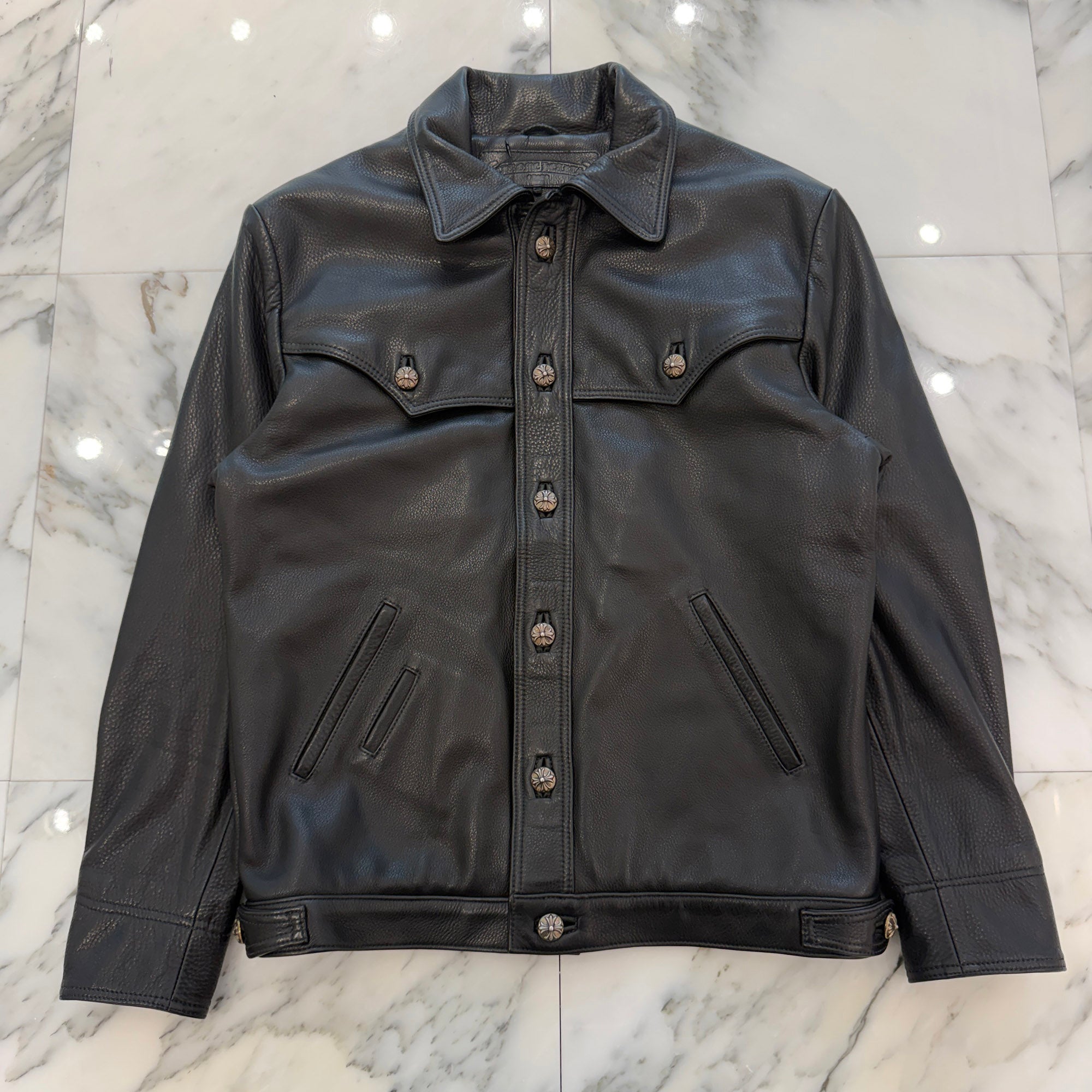 CHROME HEARTS Floral Cross Leather Patch Classic Jean Leather Jacket Size S クロムハーツ　フローラルクロスレザーパッチ クラシック ジーン レザー ジャケット サイズS