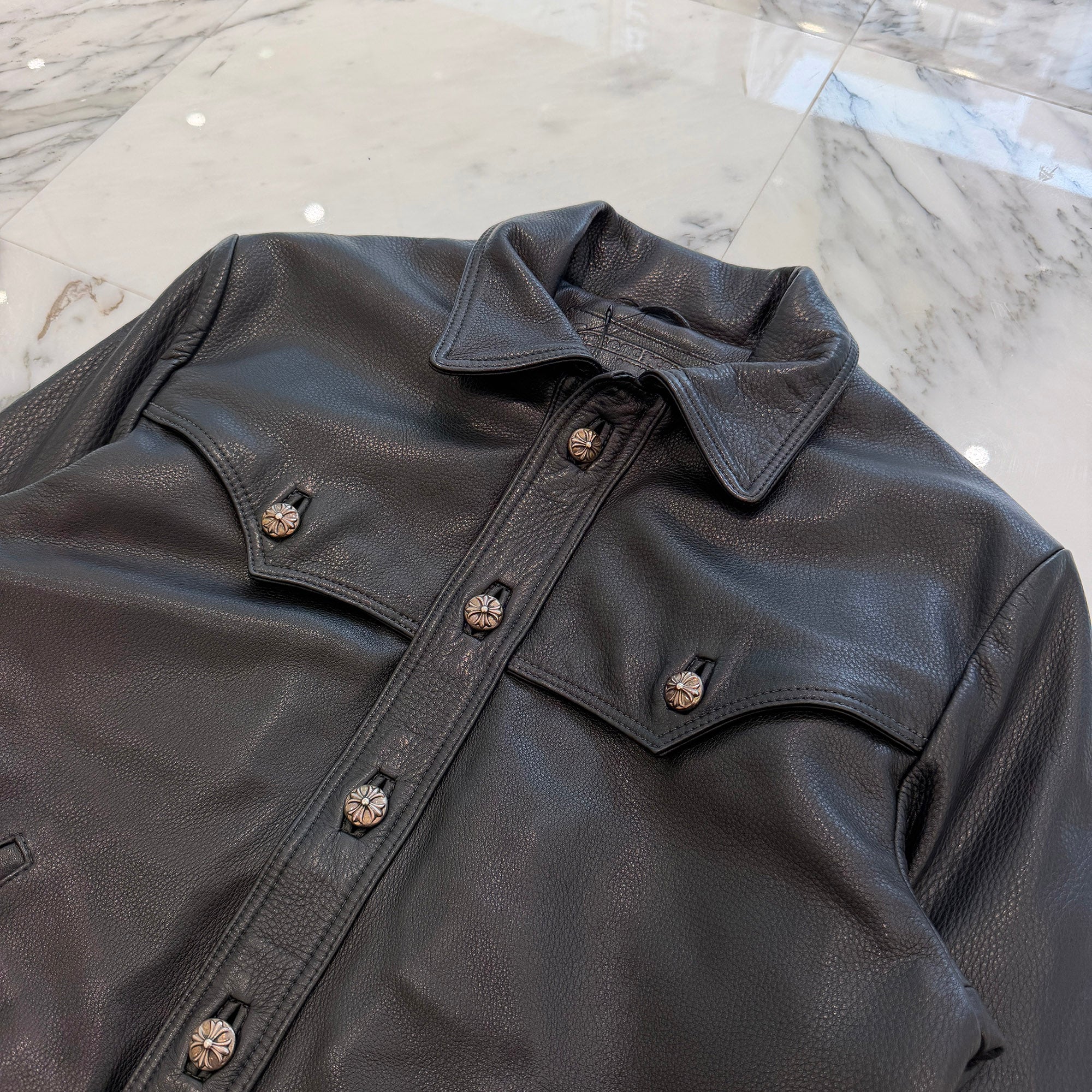 CHROME HEARTS Floral Cross Leather Patch Classic Jean Leather Jacket Size S クロムハーツ　フローラルクロスレザーパッチ クラシック ジーン レザー ジャケット サイズS