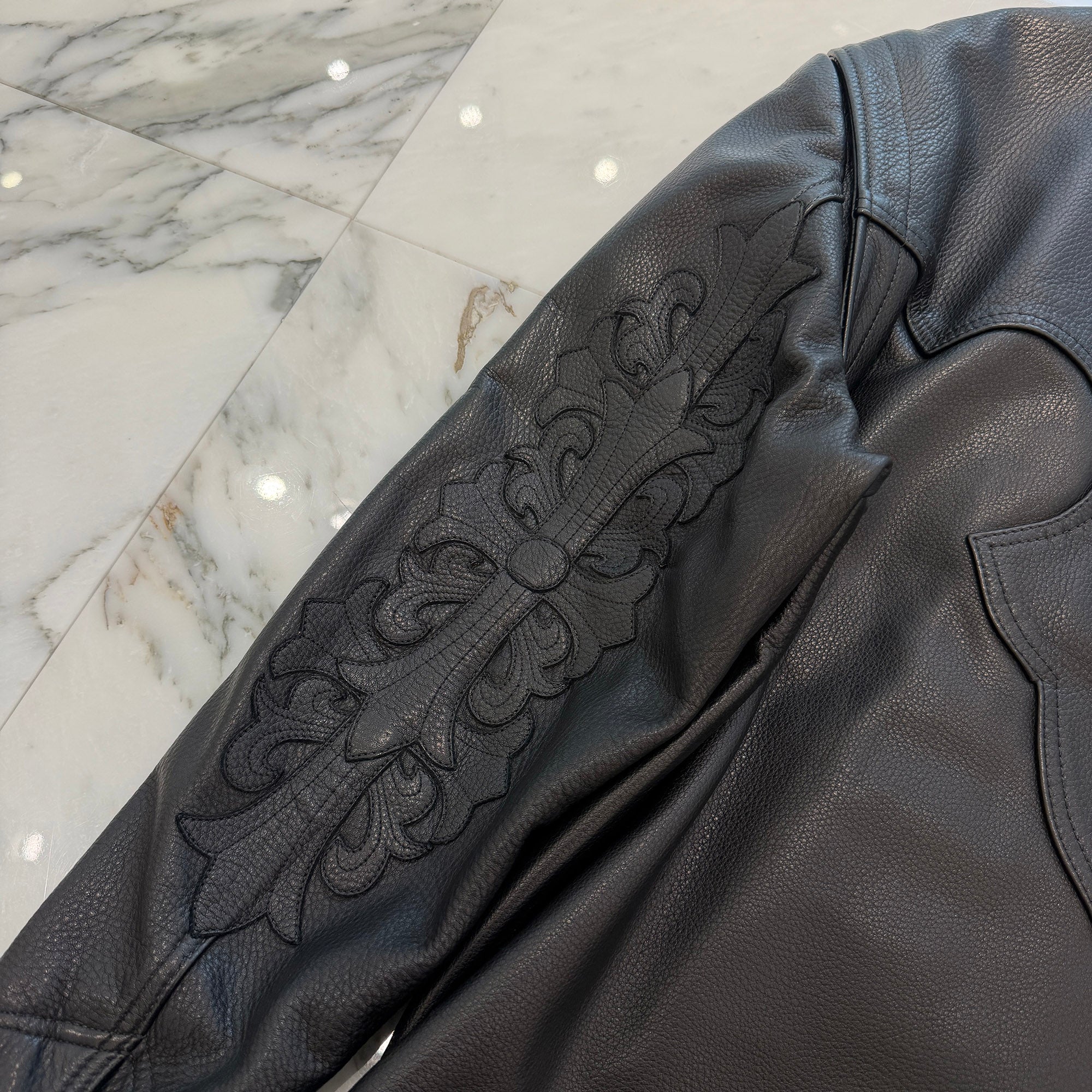 CHROME HEARTS Floral Cross Leather Patch Classic Jean Leather Jacket Size S クロムハーツ　フローラルクロスレザーパッチ クラシック ジーン レザー ジャケット サイズS