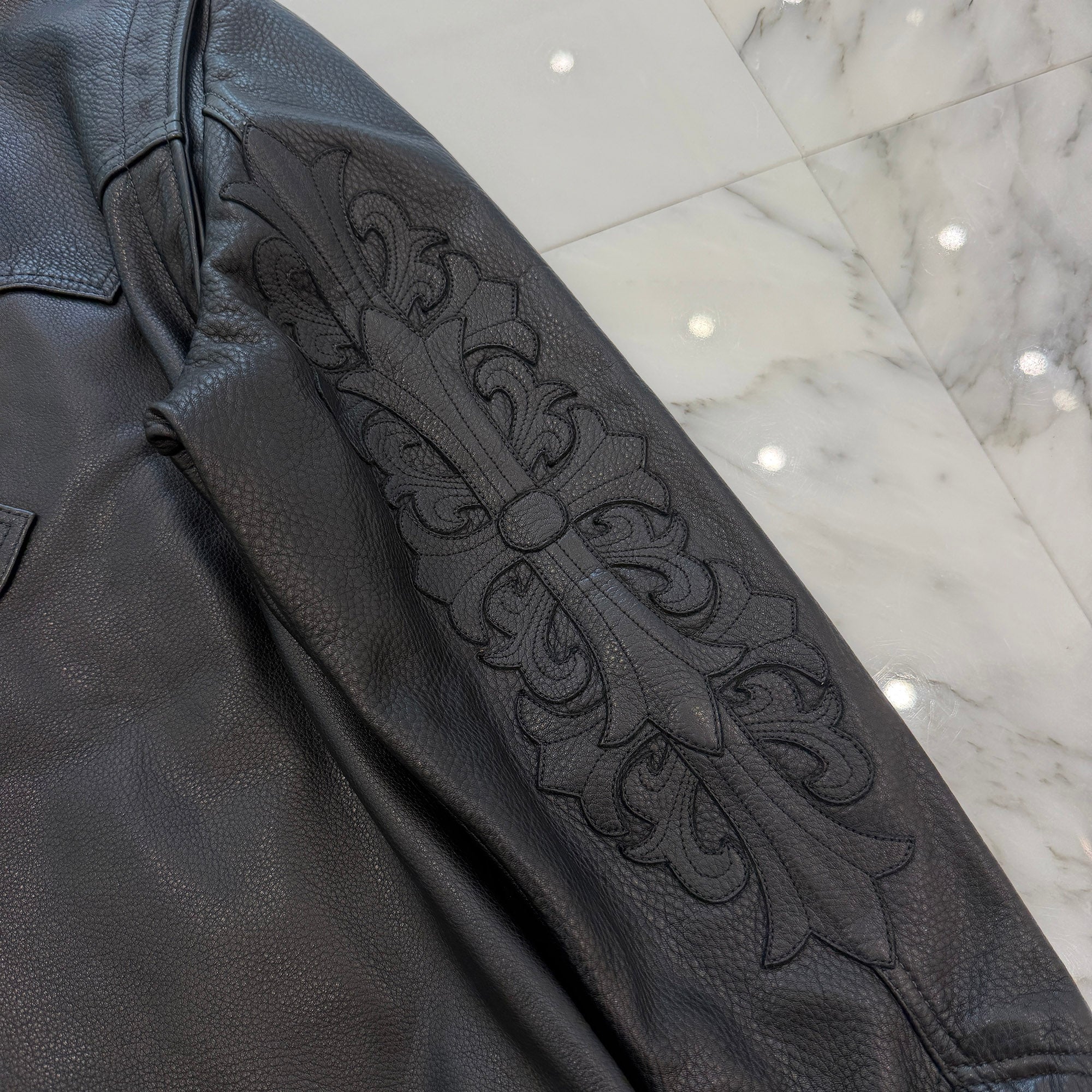 CHROME HEARTS Floral Cross Leather Patch Classic Jean Leather Jacket Size S クロムハーツ　フローラルクロスレザーパッチ クラシック ジーン レザー ジャケット サイズS