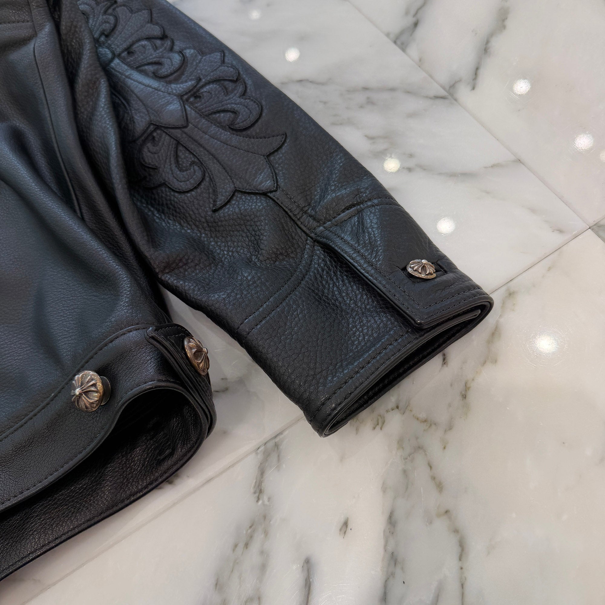 CHROME HEARTS Floral Cross Leather Patch Classic Jean Leather Jacket Size S クロムハーツ　フローラルクロスレザーパッチ クラシック ジーン レザー ジャケット サイズS