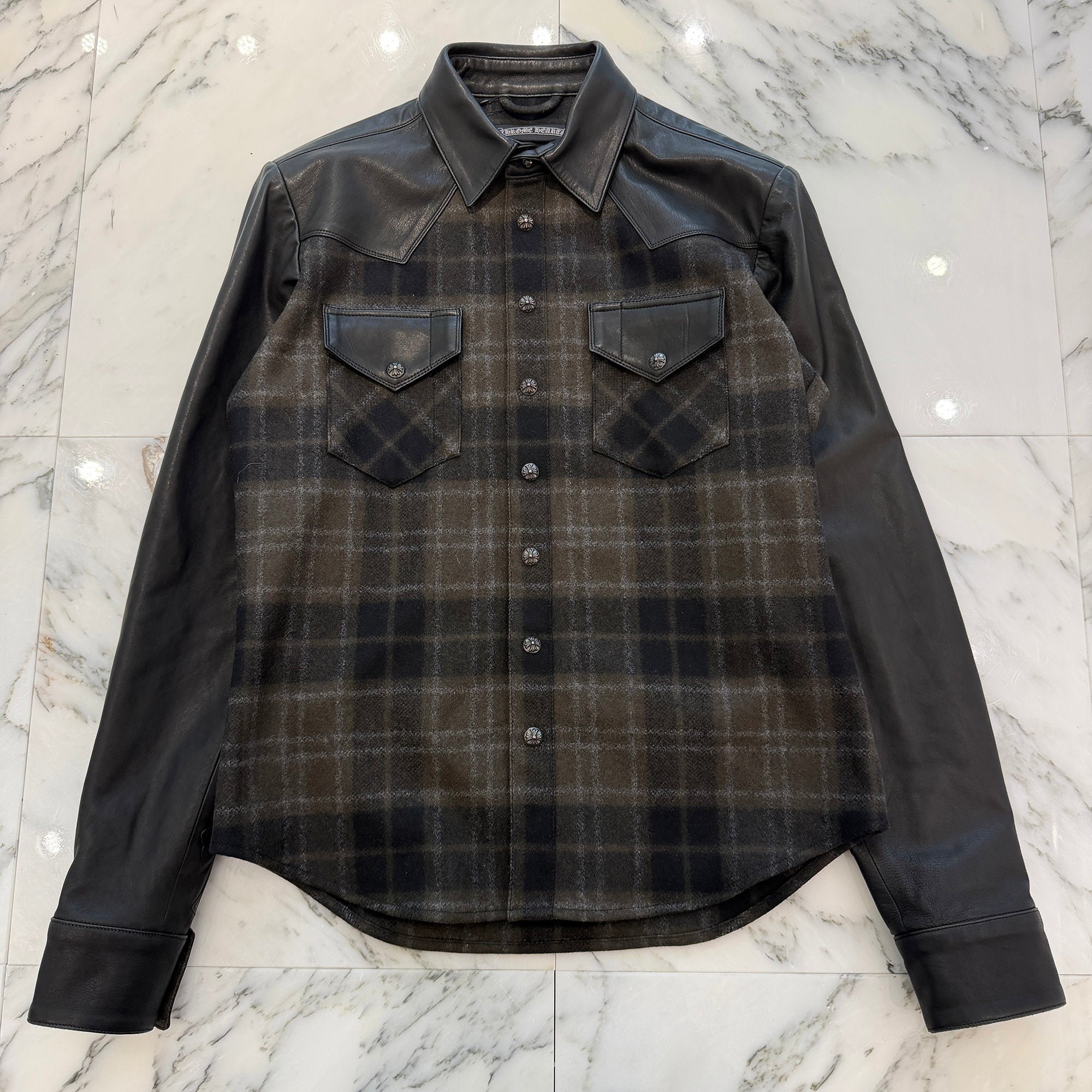CHROME HEARTS Y NOT Back Flare Knee Cross Ball Button Leather Check Shirt Size SM クロムハーツ ワイノット バックフレアニークロスボールボタン レザー チェックシャツ サイズSM
