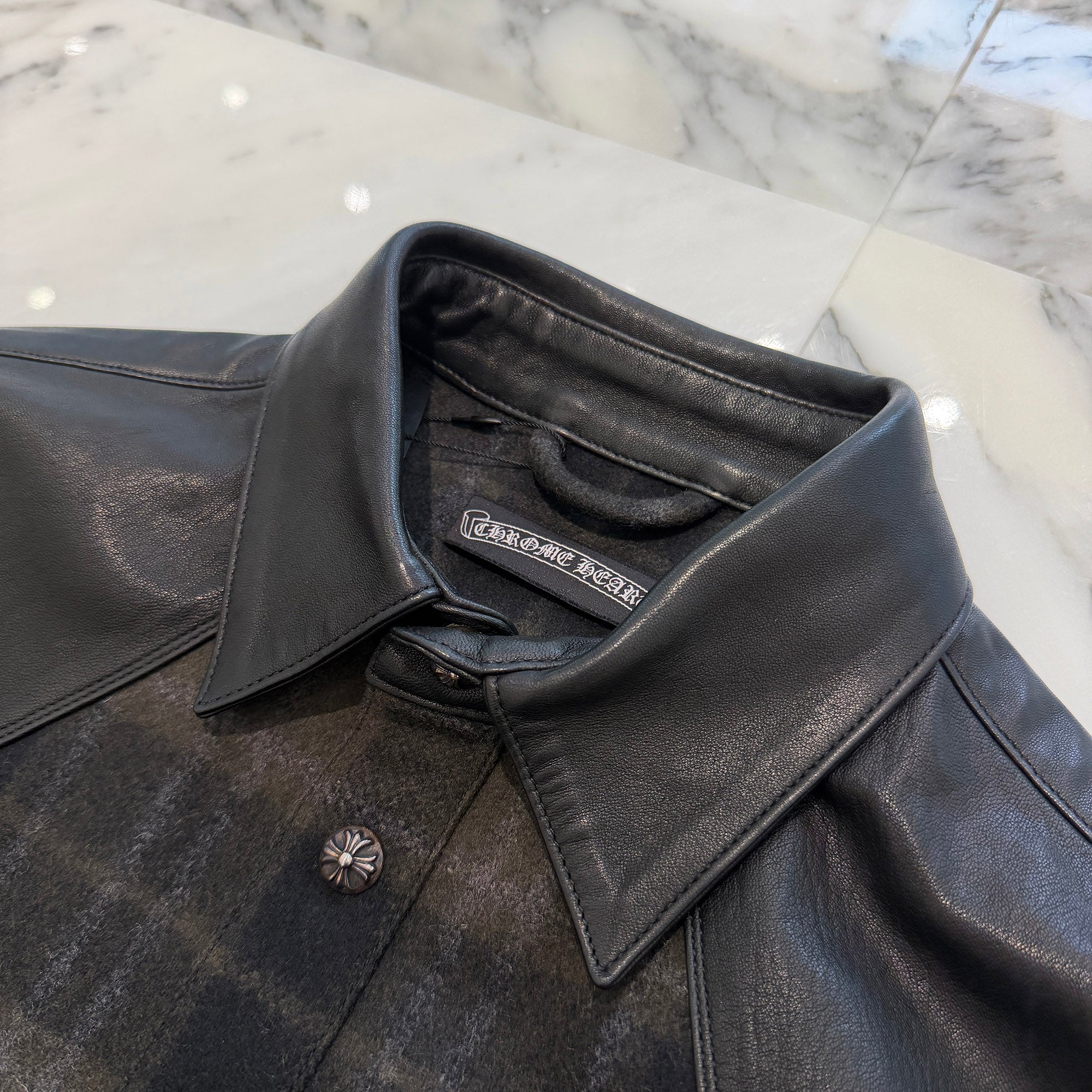CHROME HEARTS Y NOT Back Flare Knee Cross Ball Button Leather Check Shirt Size SM クロムハーツ ワイノット バックフレアニークロスボールボタン レザー チェックシャツ サイズSM
