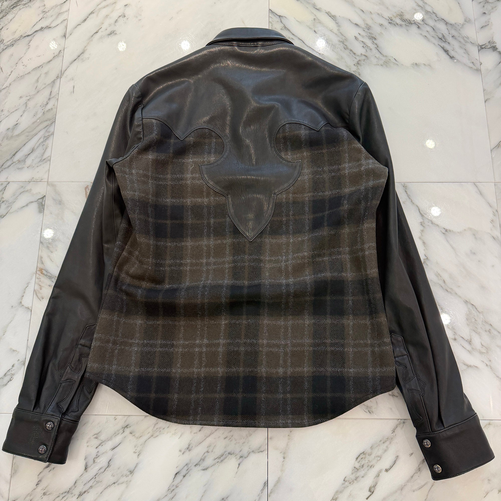 CHROME HEARTS Y NOT Back Flare Knee Cross Ball Button Leather Check Shirt Size SM クロムハーツ ワイノット バックフレアニークロスボールボタン レザー チェックシャツ サイズSM