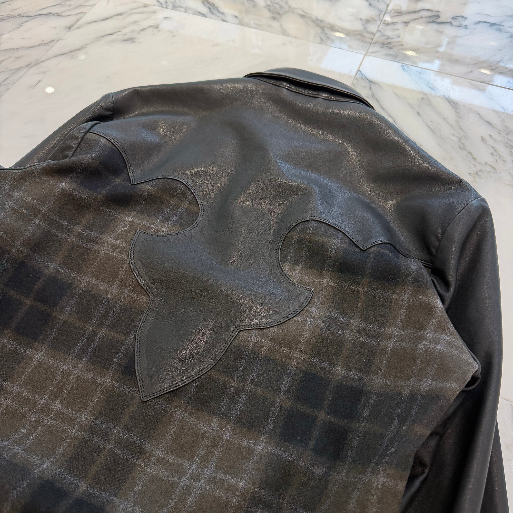 CHROME HEARTS Y NOT Back Flare Knee Cross Ball Button Leather Check Shirt Size SM クロムハーツ ワイノット バックフレアニークロスボールボタン レザー チェックシャツ サイズSM