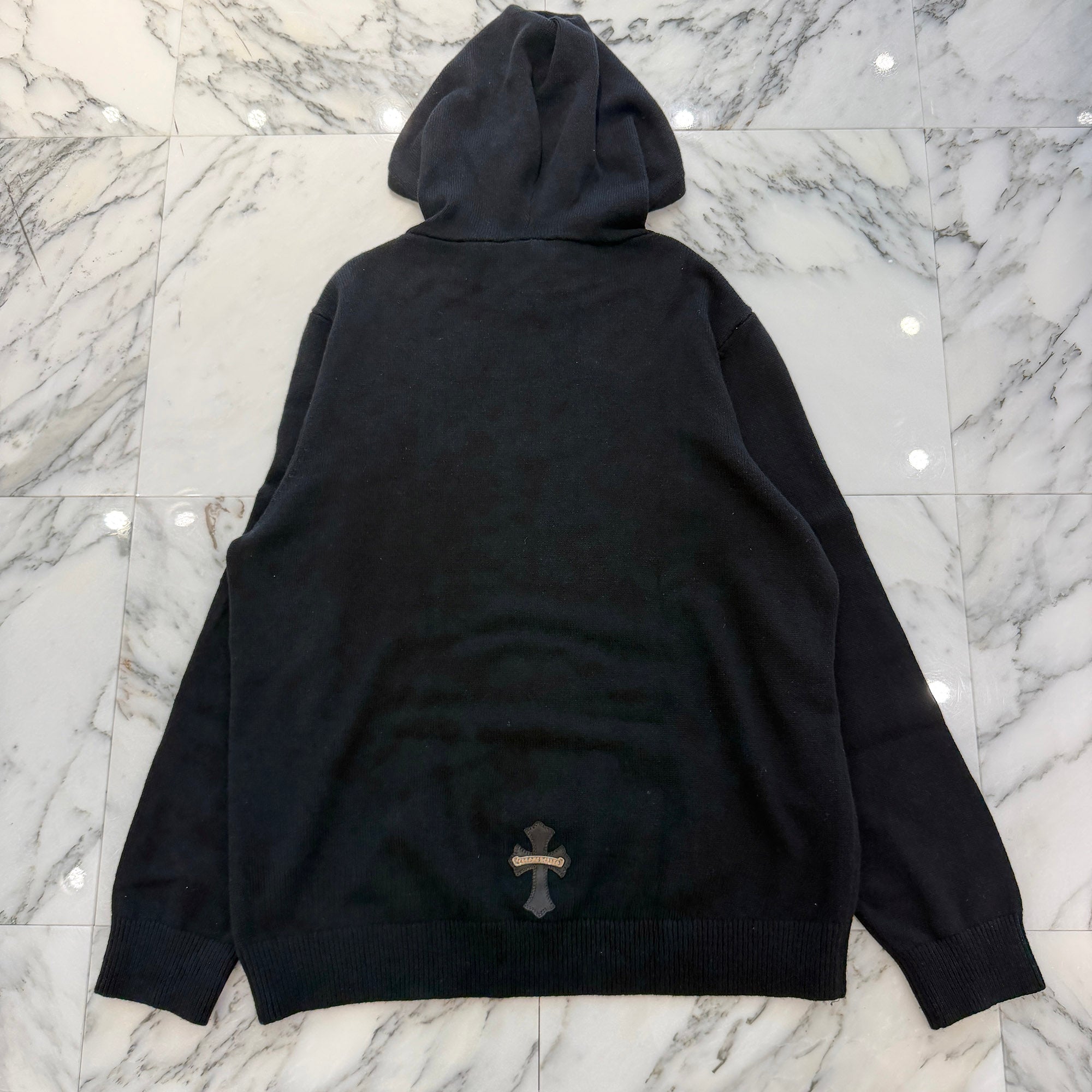 CHROME HEARTS Y NOT Leather Cross Patch Cashmere Knit Pullover Hoodie Size L クロムハーツ ワイノット レザークロスパッチ カシミヤニット プルオーバーフーディ サイズL