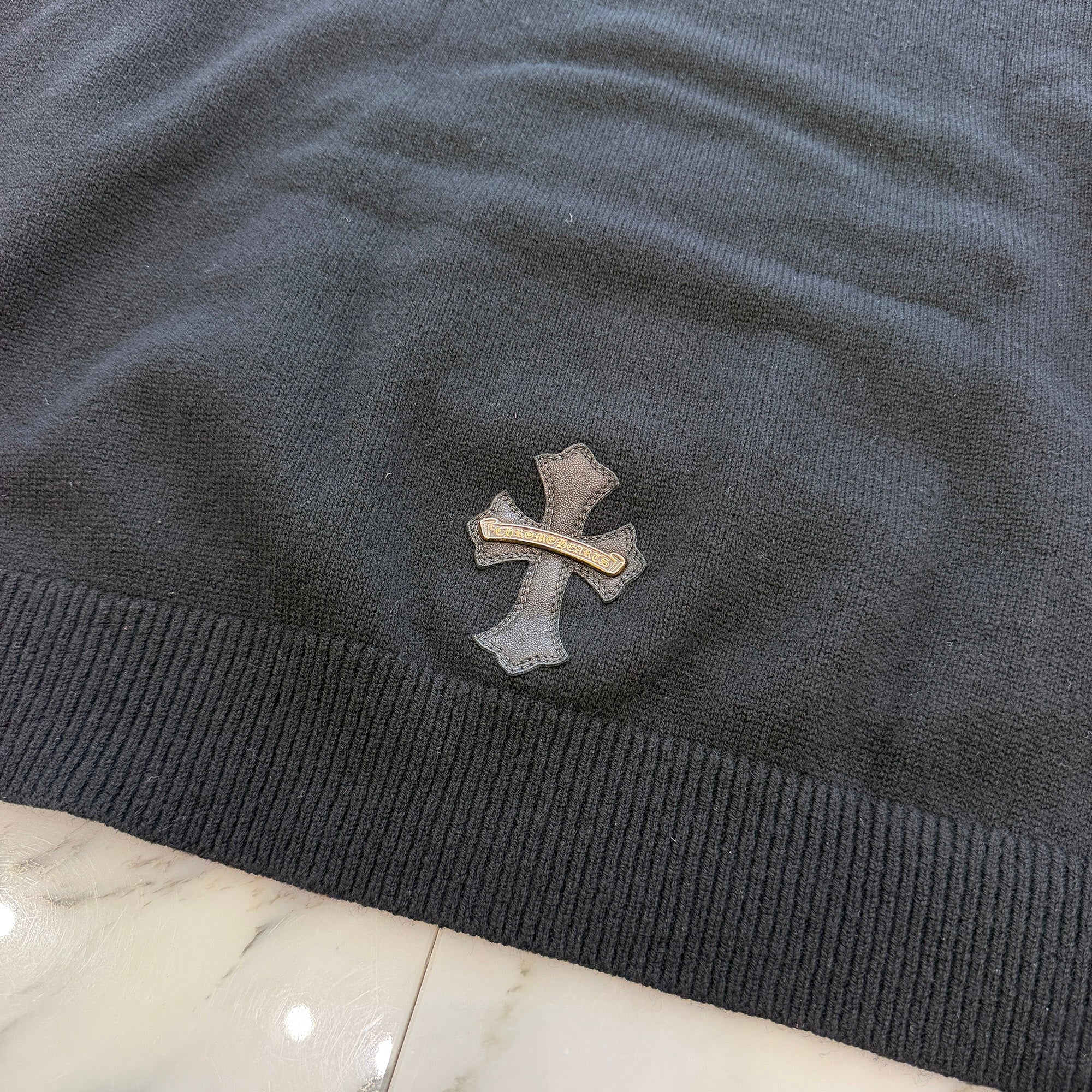 CHROME HEARTS Y NOT Leather Cross Patch Cashmere Knit Pullover