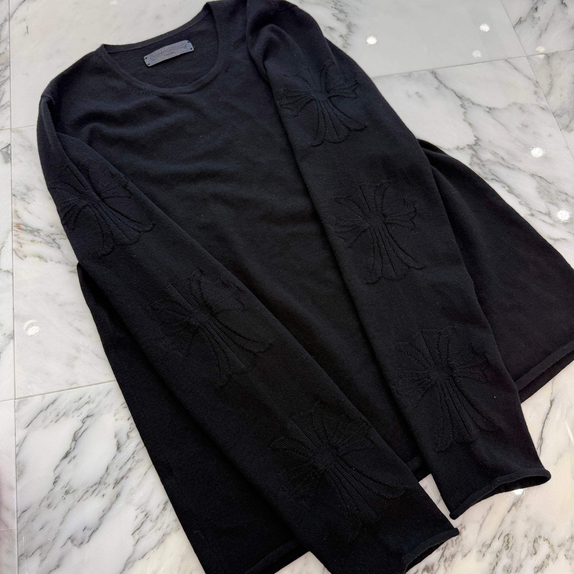 CHROME HEARTS Y NOT Cross Embroidered Cashmere Knit Sweater Size L クロムハーツ ワイノット 袖クロス刺繍 カシミヤ ニットセーター サイズL