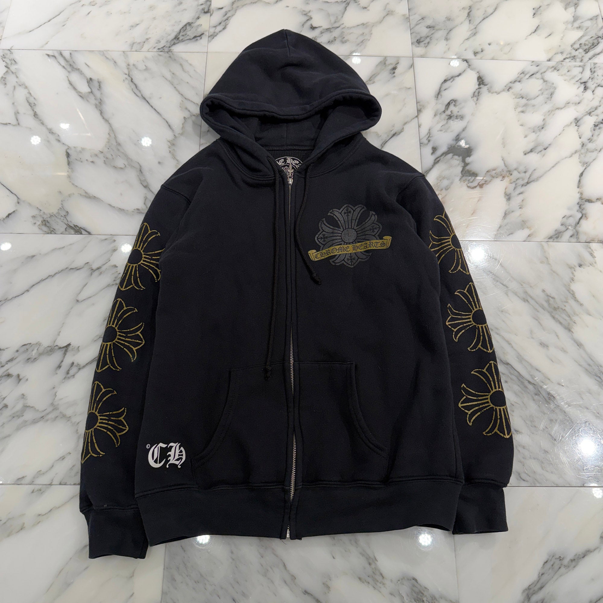 CHROME HEARTS CH Plus Gold Horseshoe Print Zip Up Hoodie Size M クロムハーツ CHプラス ゴールド ホースシュー プリント ジップアップフーディー サイズM
